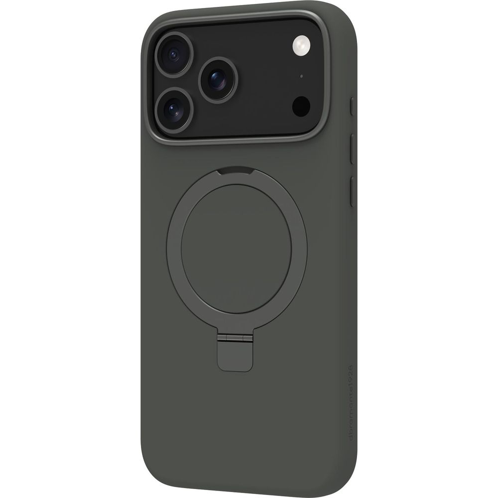 Dunkelgraues iPhone-Gehäuse mit Ringhalterung und Kameramodul.