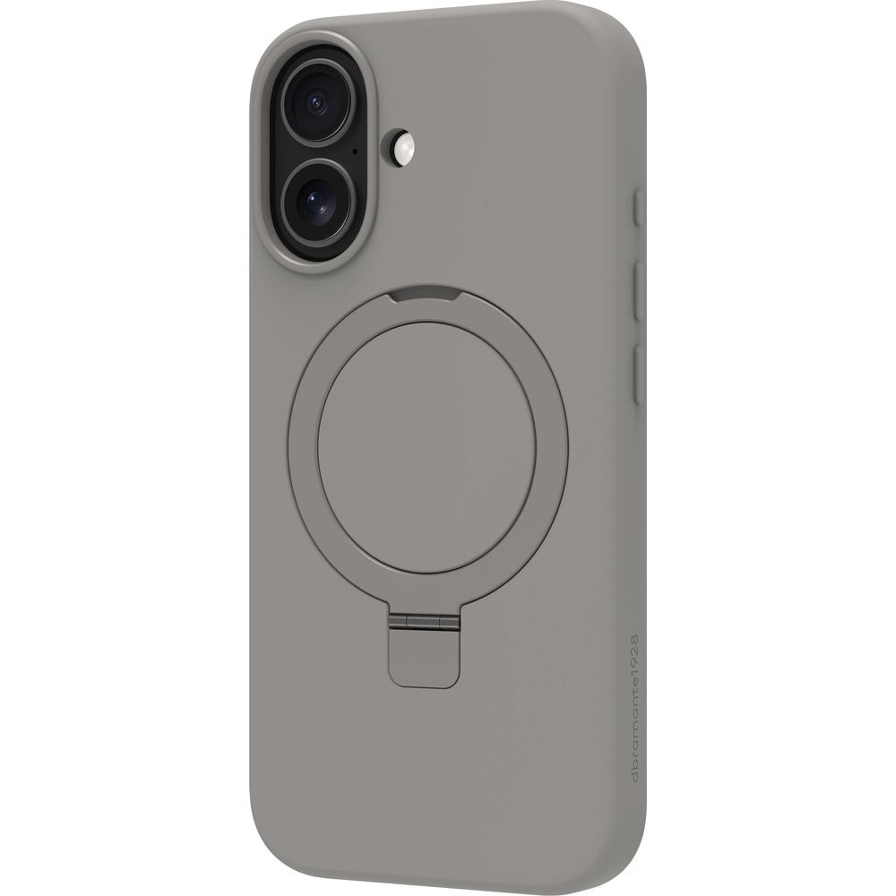 Custodia grigia per telefono con doppia fotocamera e anello integrato.
