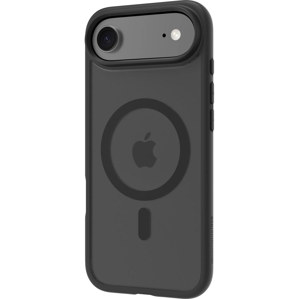 Custodia grigio scuro con logo Apple e cerchio di ricarica.