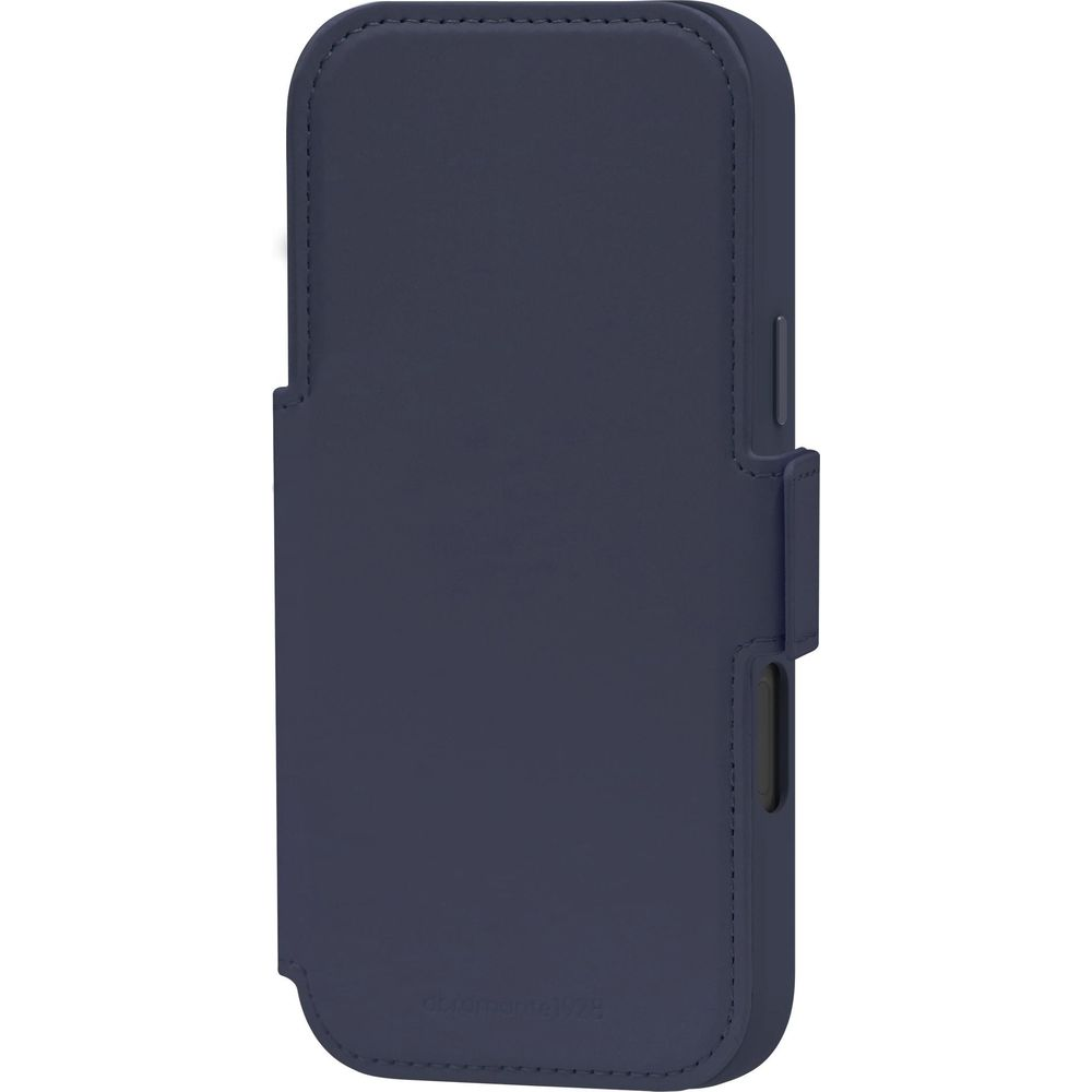 Custodia per telefono in pelle blu scuro chiusa con cuciture e cinturino.