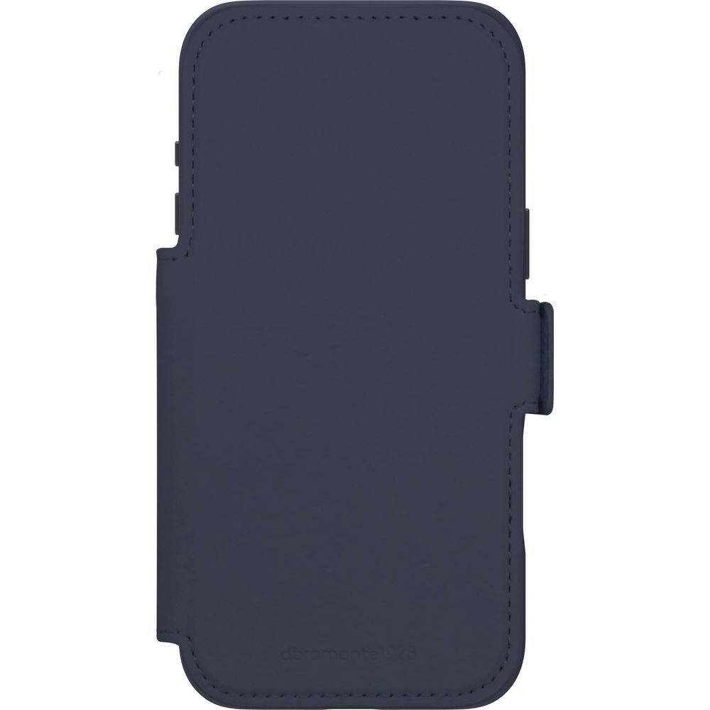 Custodia per telefono in pelle blu scuro con cuciture e patta.