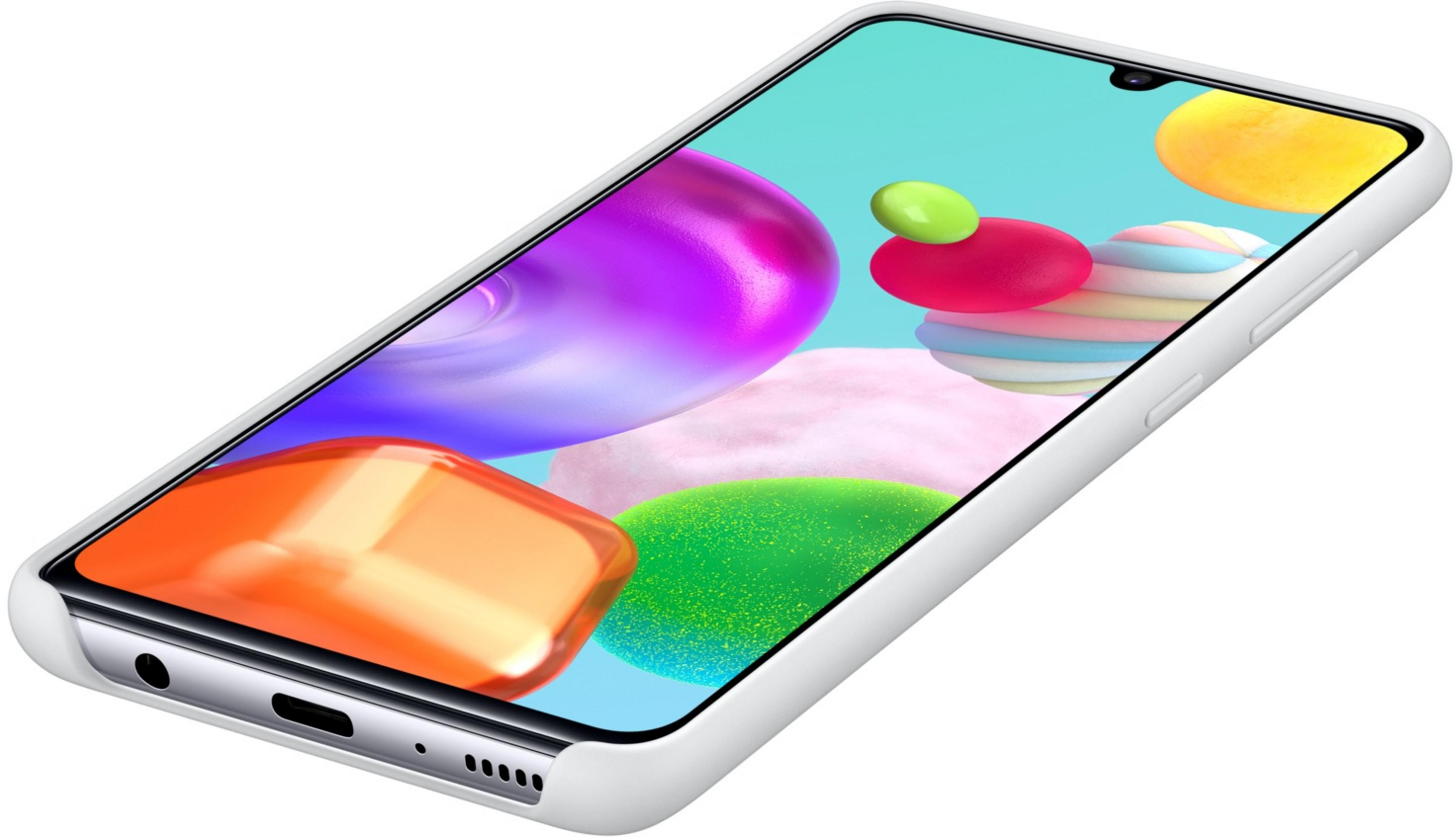 Uno smartphone bianco con forme astratte colorate sullo schermo.