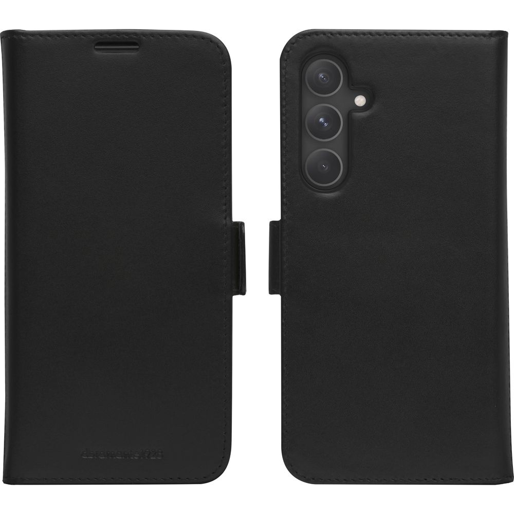 Custodia a libro in pelle nera per smartphone, con retro e fotocamere visibili.