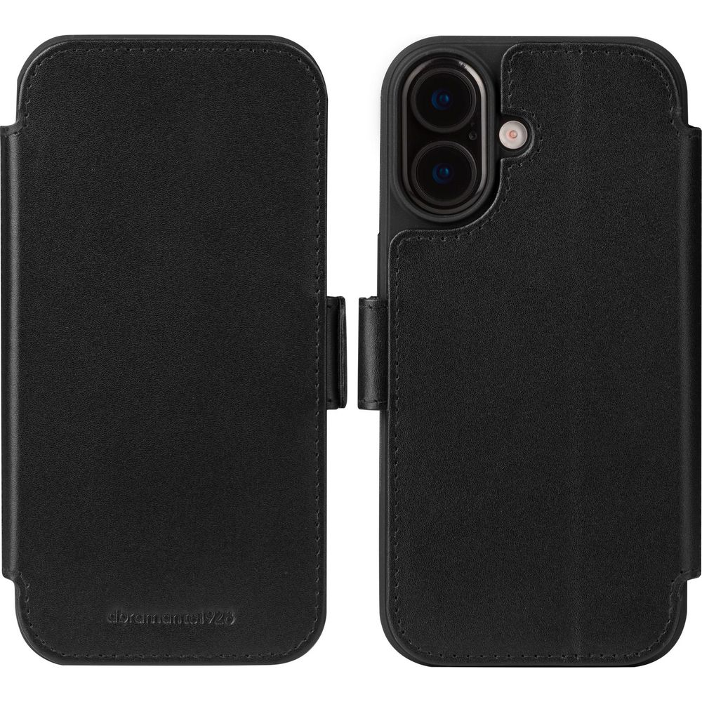 Custodia a libro in pelle nera per smartphone, aperta con vista fotocamera.