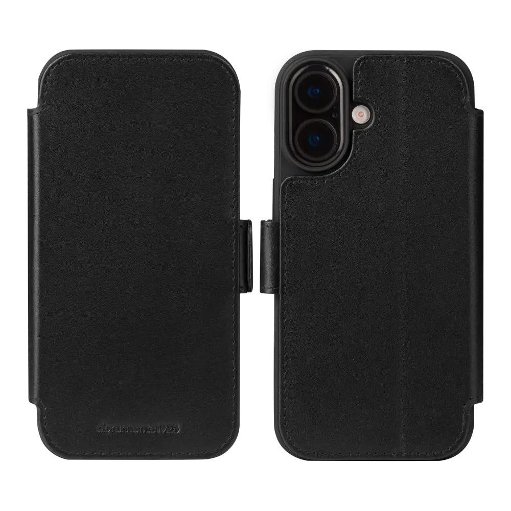 Custodia nera per iPhone con doppia fotocamera e logo sul lato sinistro.