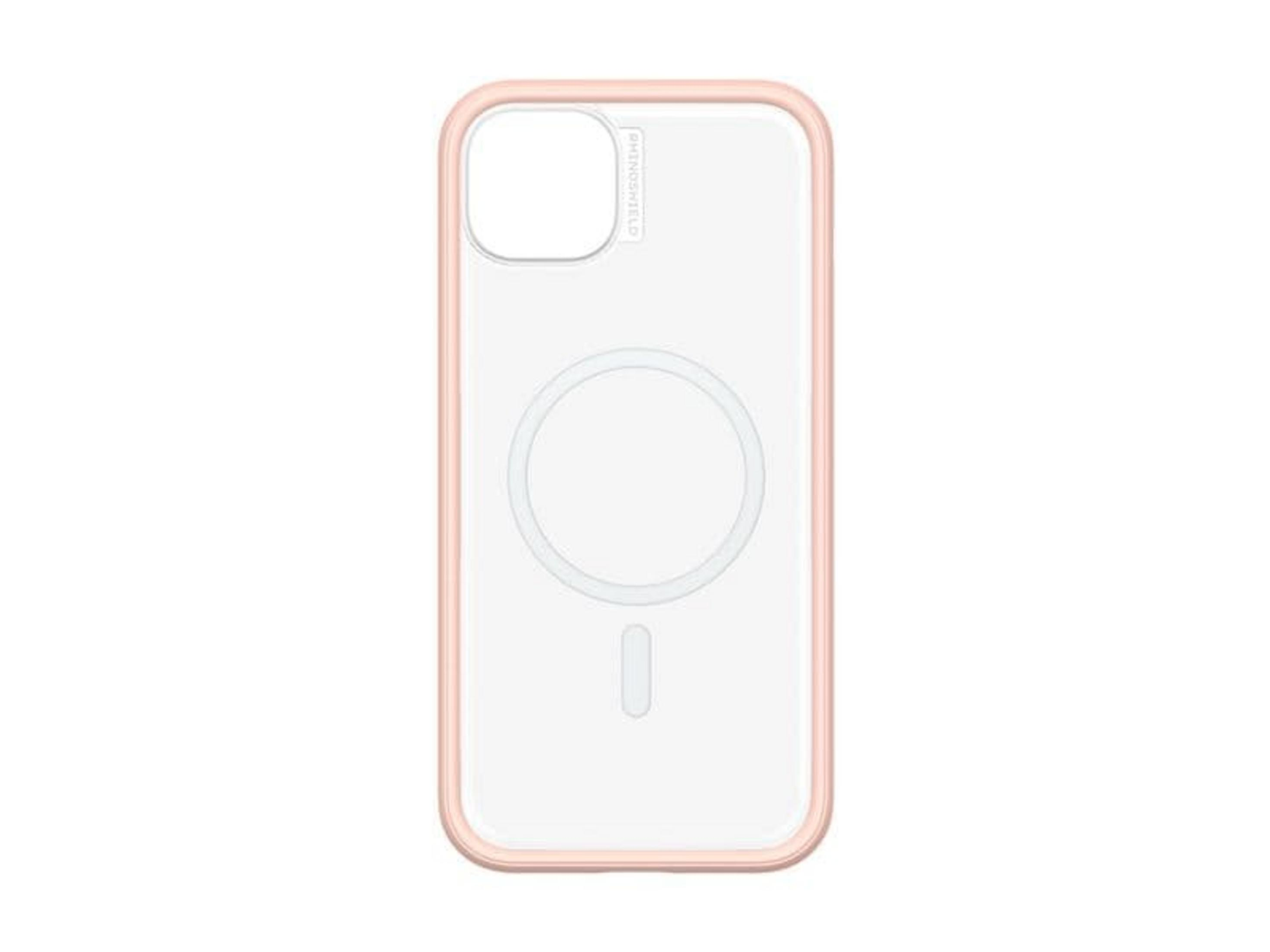 Custodia trasparente per telefono con bordo rosa, mostra cerchio MagSafe.