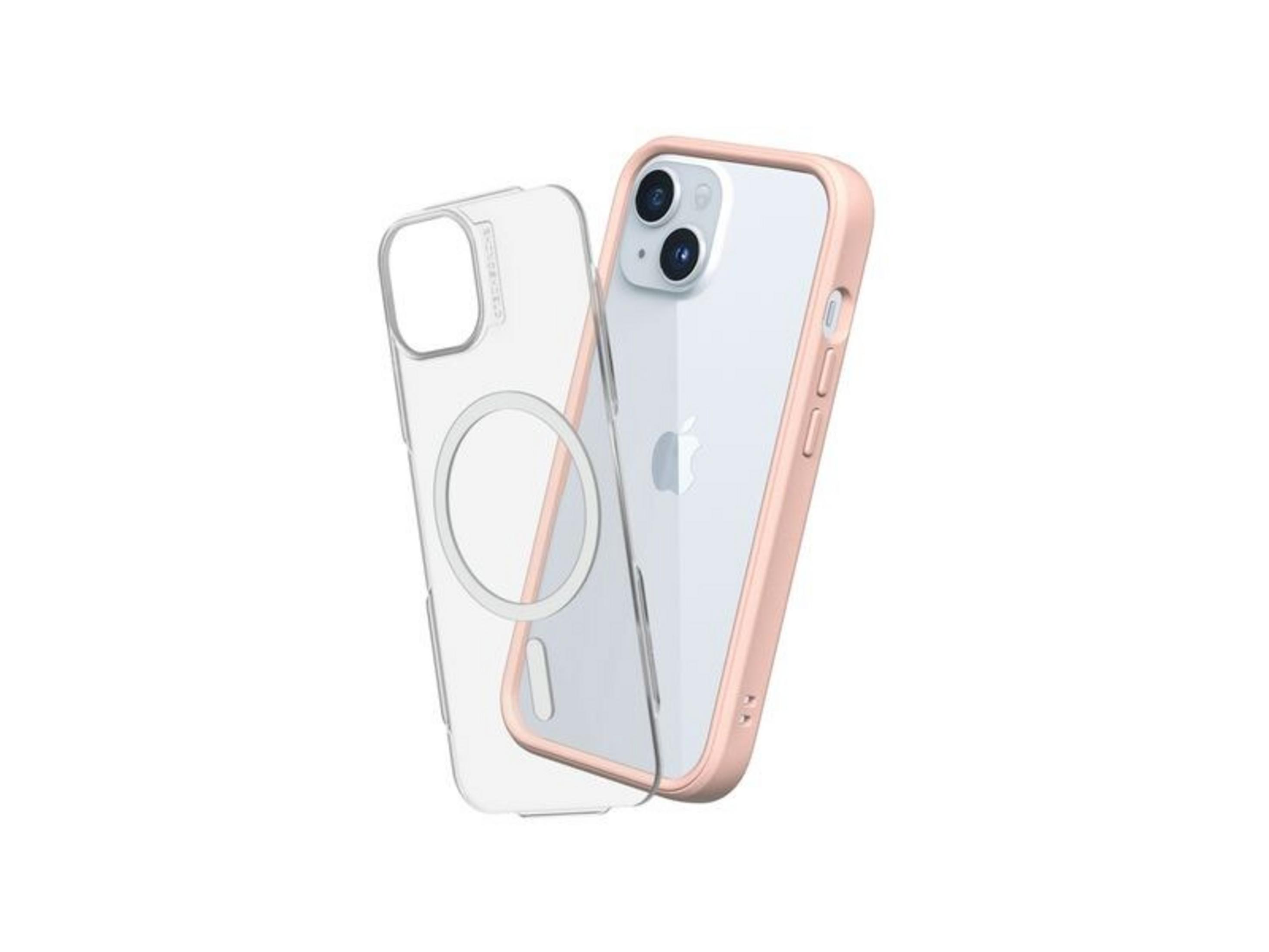 Una cover trasparente per telefono con bordo rosa giace accanto a un telefono.