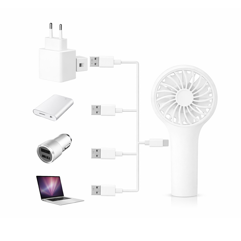 Cargador, ventilador, banco de energía, adaptador de coche y portátil blancos.