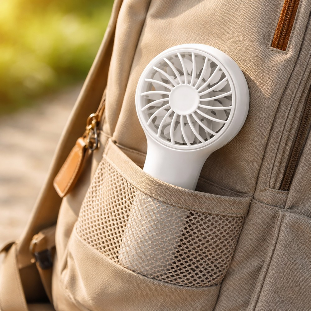 Un ventilador blanco de mano está en el bolsillo de malla de una mochila.