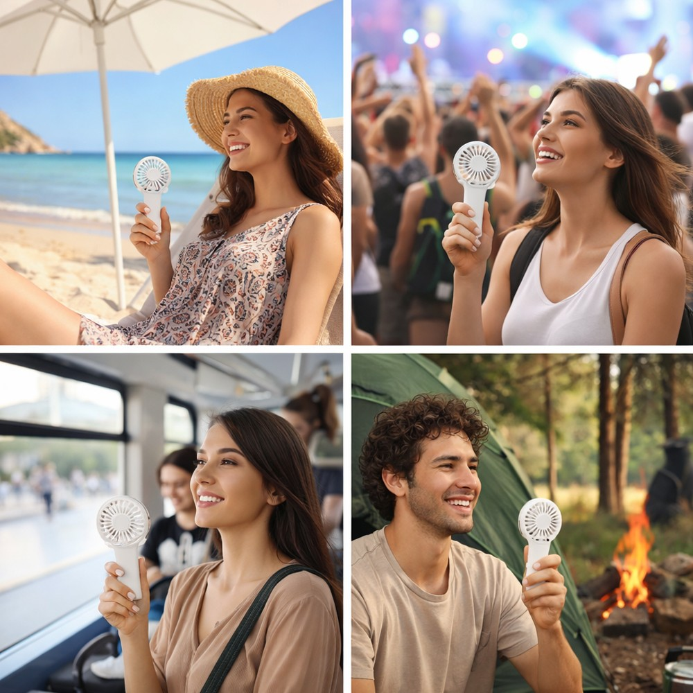 Cuatro escenas: Mujer en playa, mujer en concierto, mujer en bus, hombre acampando.