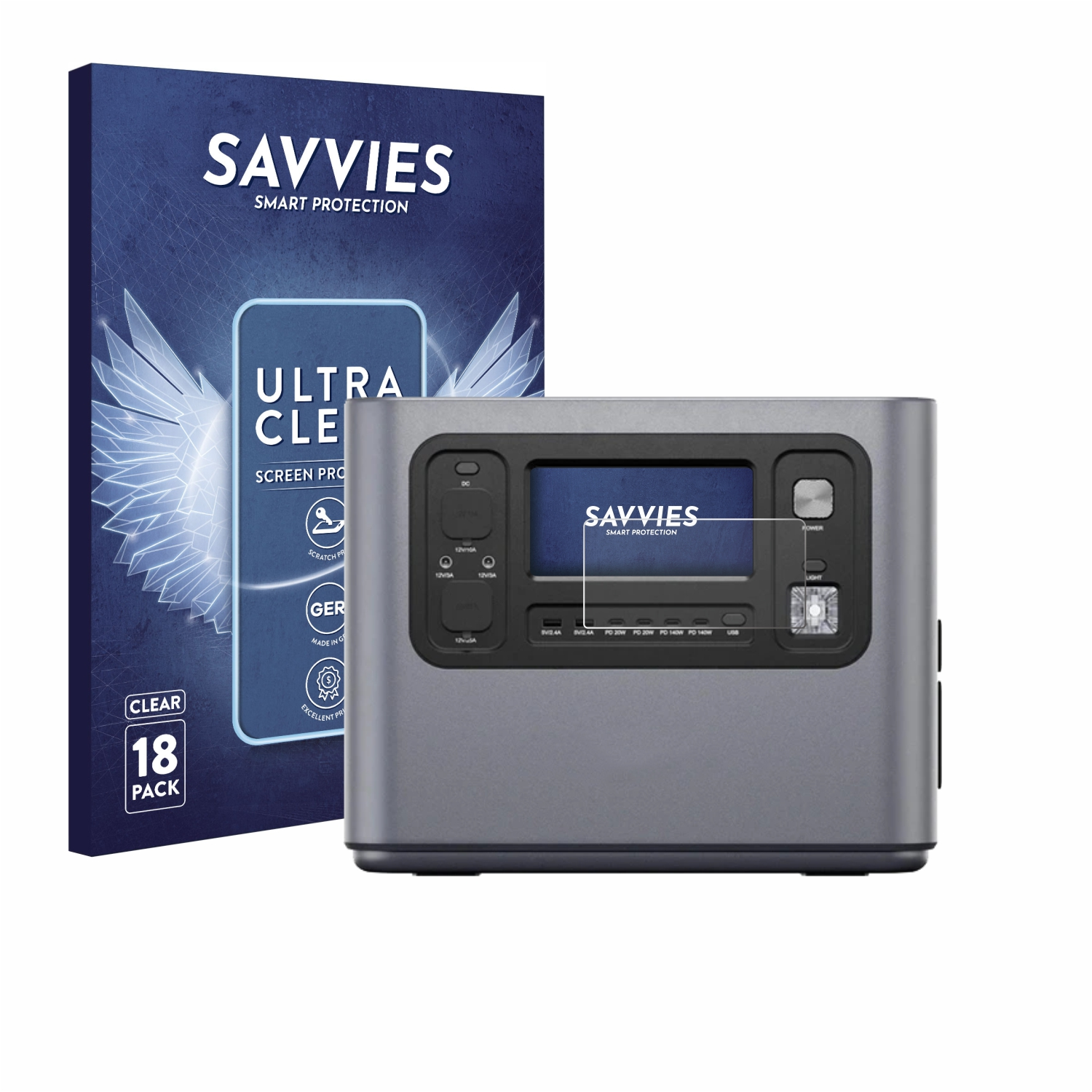 Ein Savvies Verpackung und ein graues Kraftwerk mit Display und Anschlüssen.