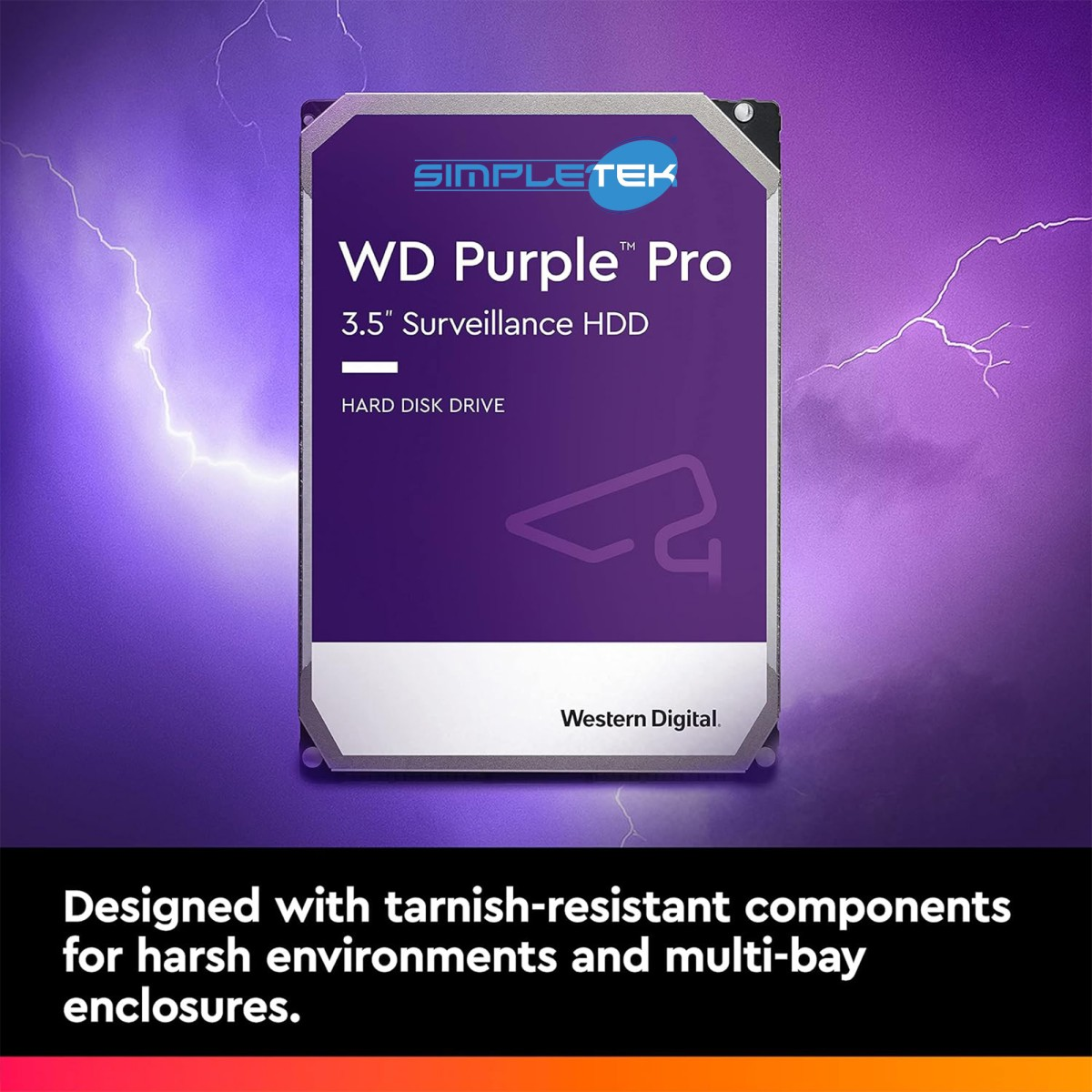 Disque dur violet WD Purple Pro 3,5" pour surveillance, fond d'éclairs.