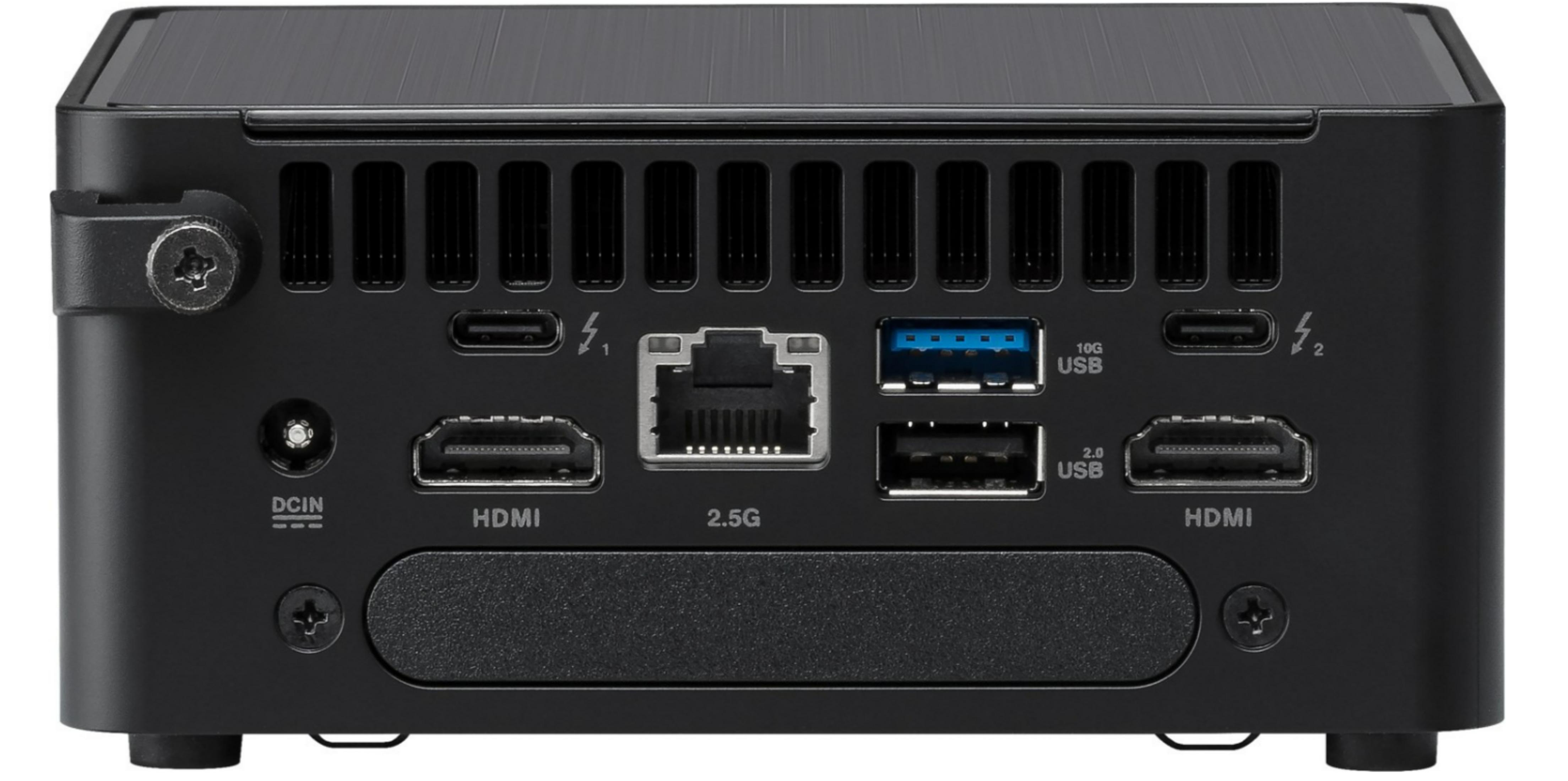 Rückseite eines schwarzen Mini-PCs mit Anschlüssen wie DCIN, HDMI, 2,5G Ethernet, USB-A und Thunderbolt.