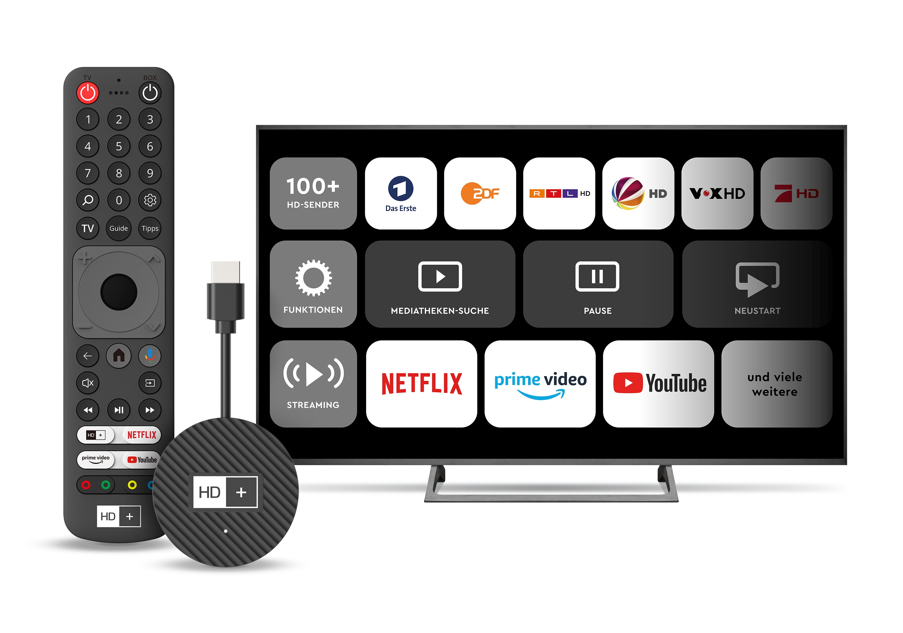 Ein Fernseher mit einer Fernbedienung und einem Streaming-Gerät. Apps wie Netflix sind sichtbar.