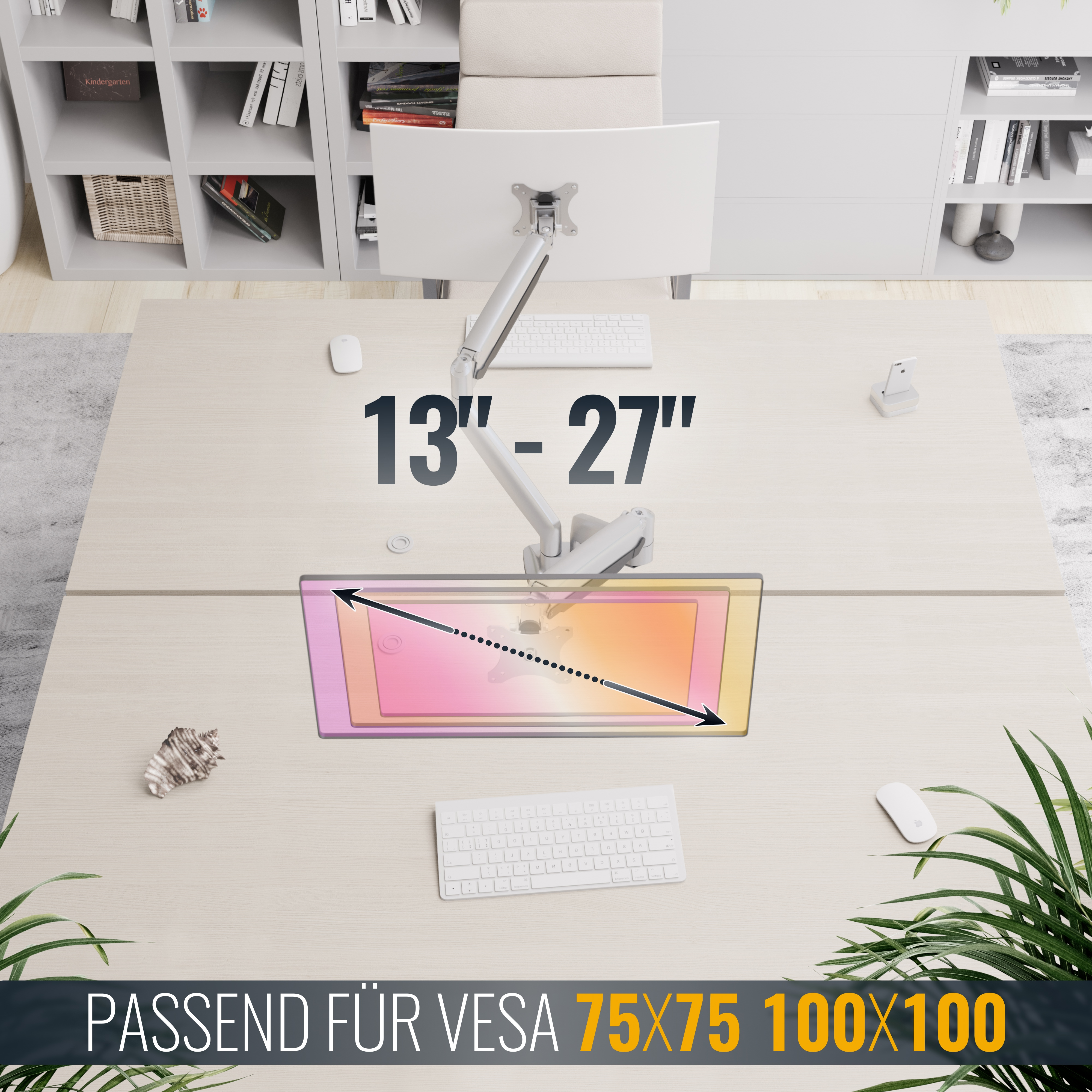 Ein Schreibtisch mit einem Monitorarm für 13-27 Zoll Bildschirme.