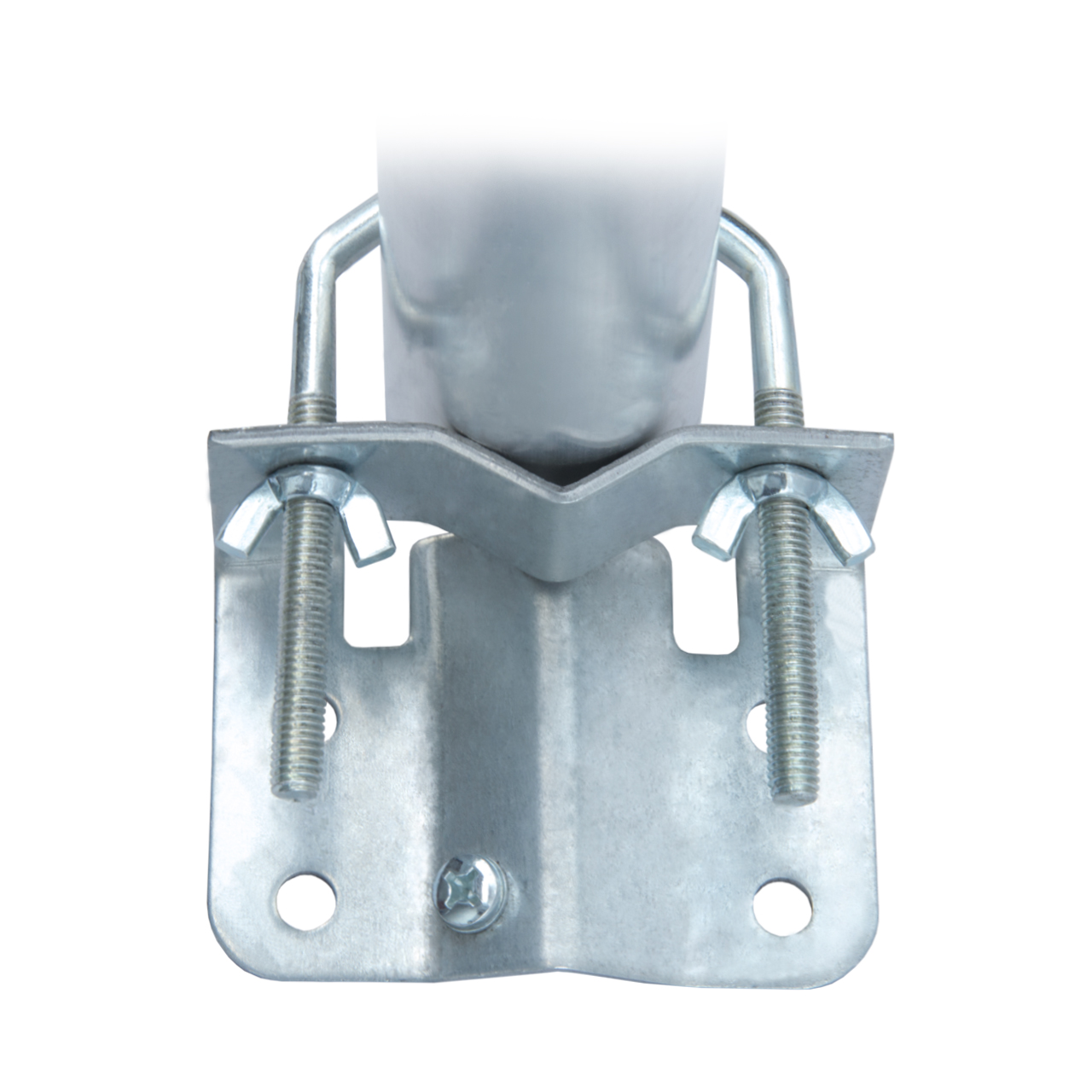 Metallhalterung mit U-Bügel, Flügelschrauben und Schraube zur Befestigung eines Rohrs.