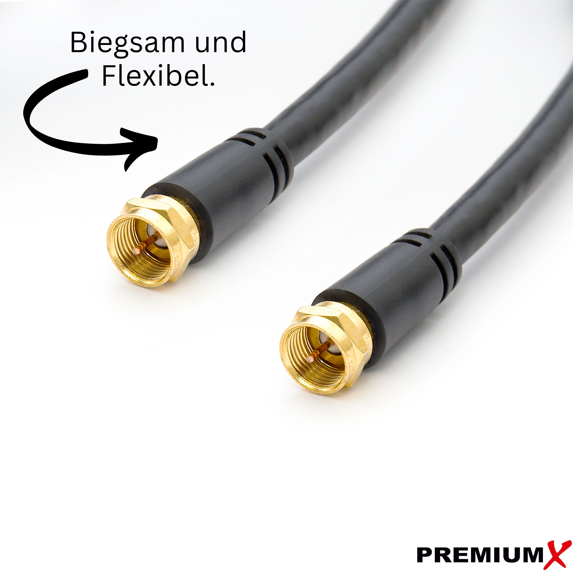 Zwei schwarze Kabel mit goldenen Anschlüssen auf weißem Hintergrund.