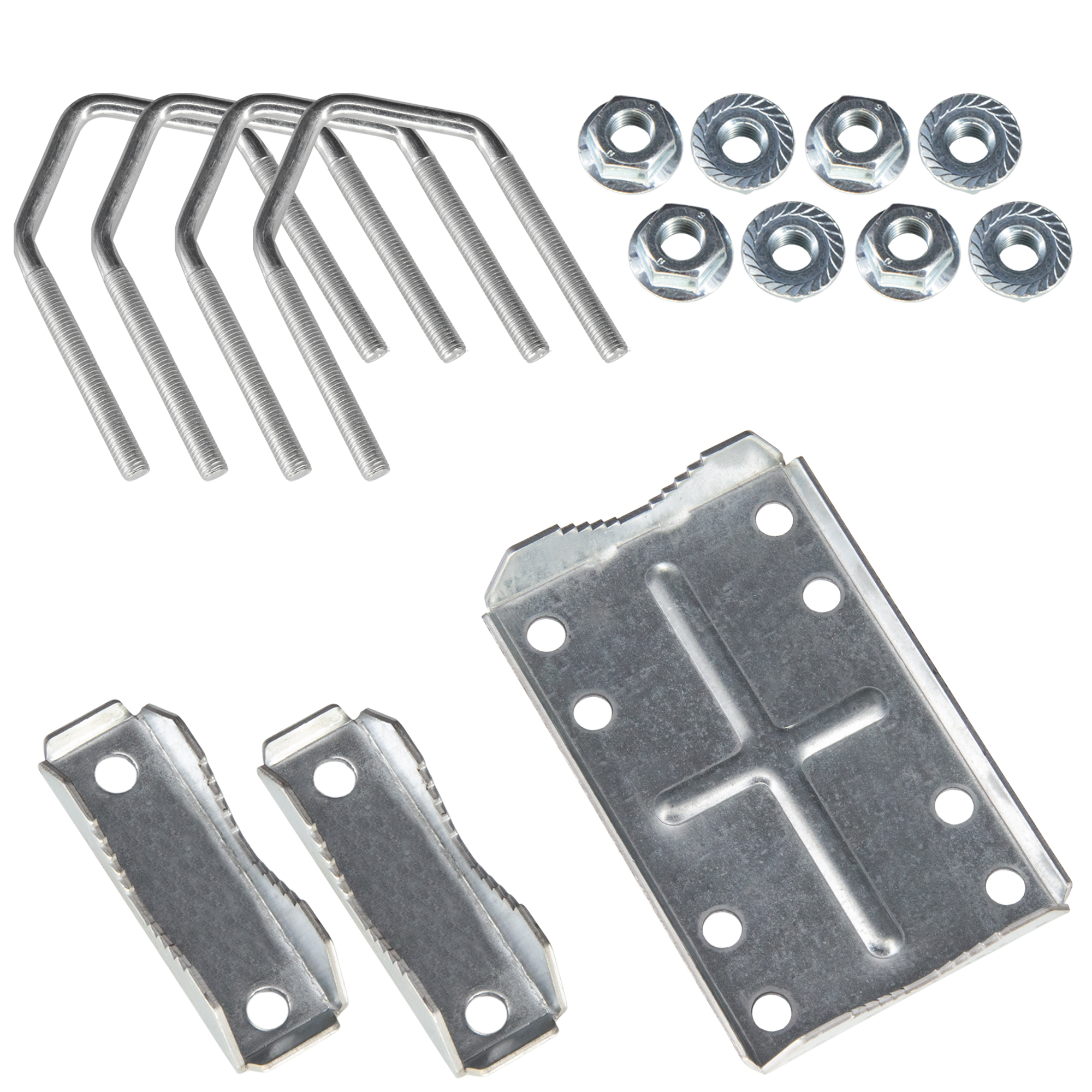 Vier U-Bolzen, acht Muttern und zwei Montagewinkel aus Metall.