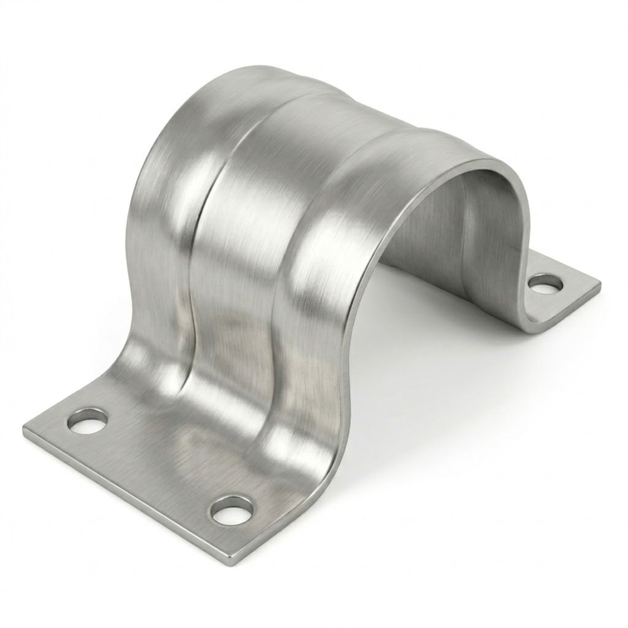 Ein glänzender, silberner Metallbügel mit drei Wellen und Befestigungslöchern.