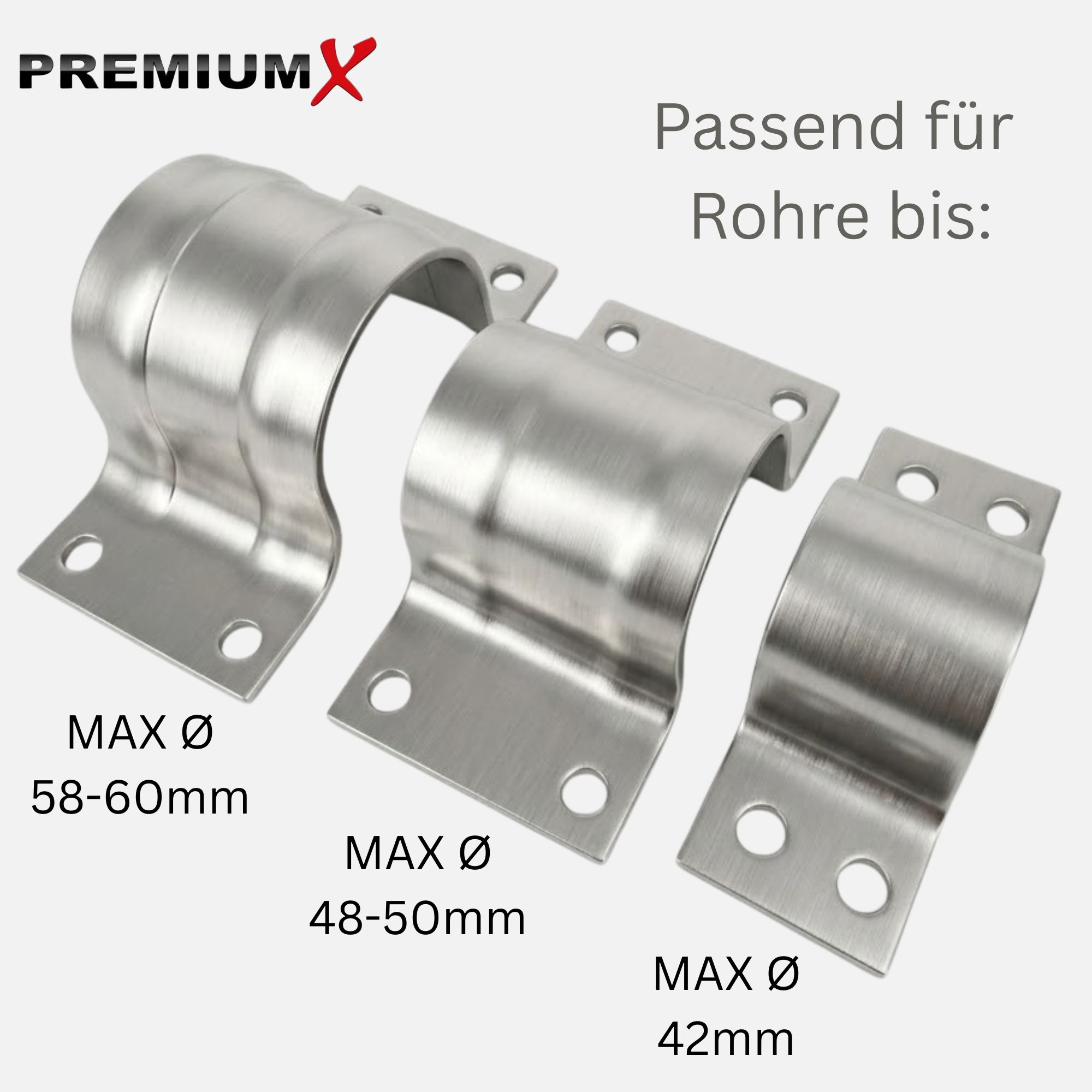 Drei silberne Metallrohrschellen mit Schraubenlöchern, Größenangaben.
