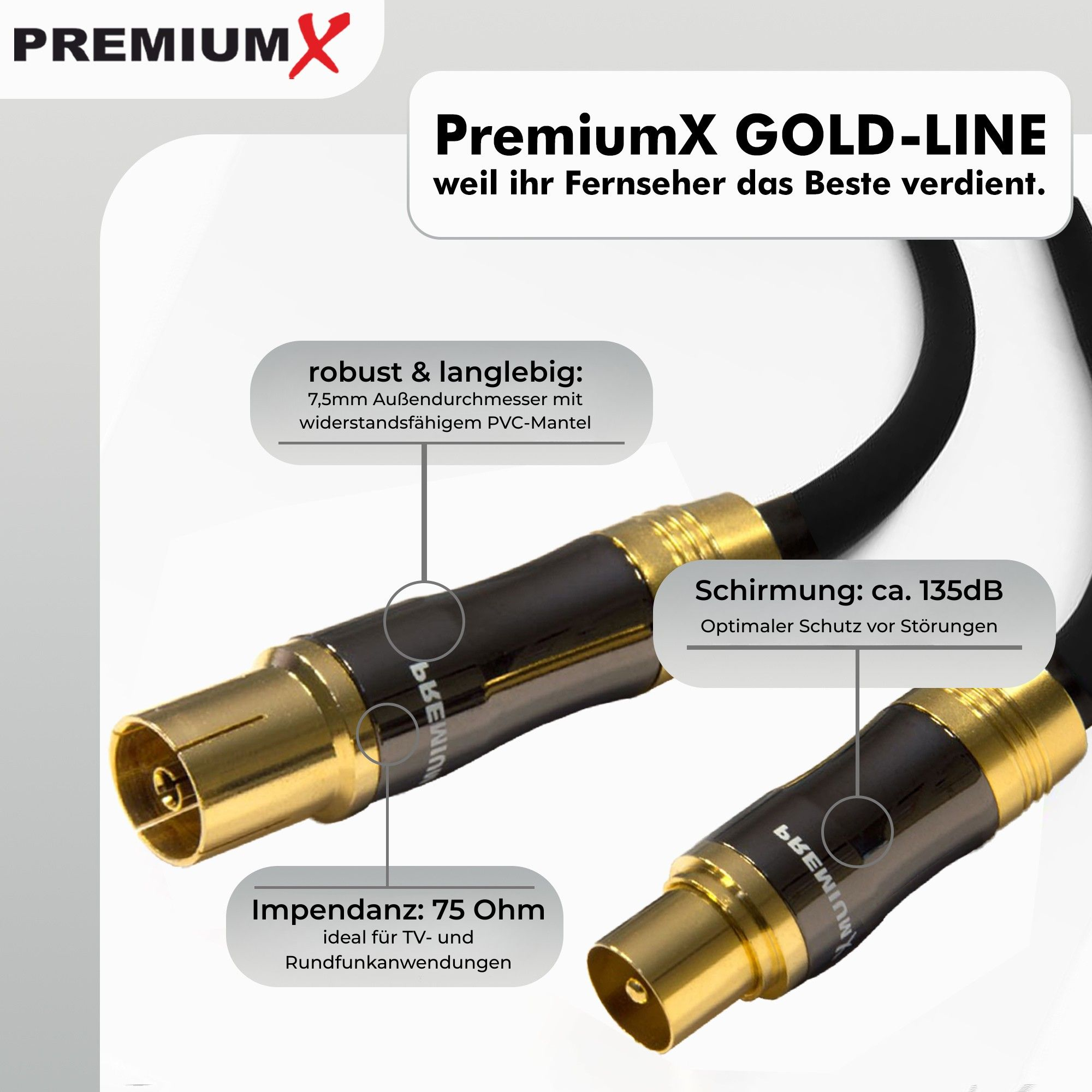 PremiumX Gold-Line Kabel mit koaxialen Anschlüssen und Beschriftungen.