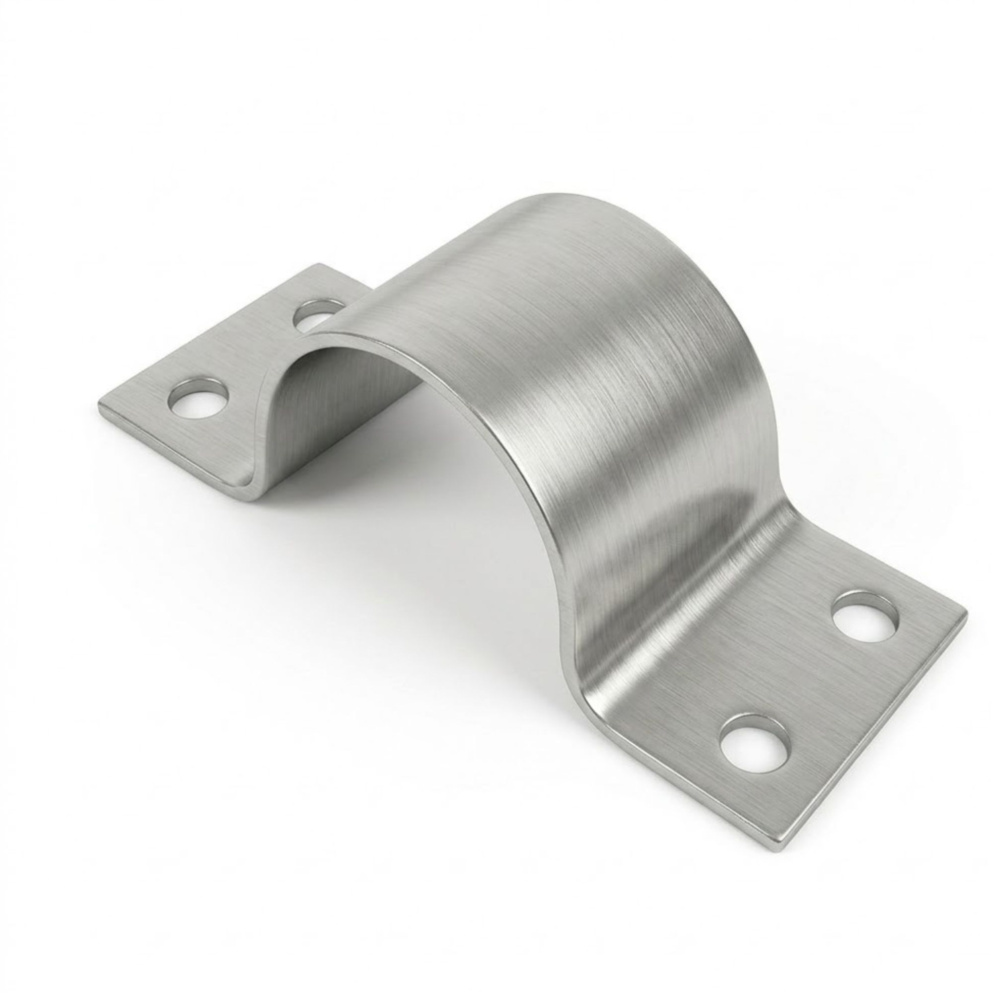 Eine gebürstete Metallklemme mit zwei Befestigungslöchern auf jeder Seite.