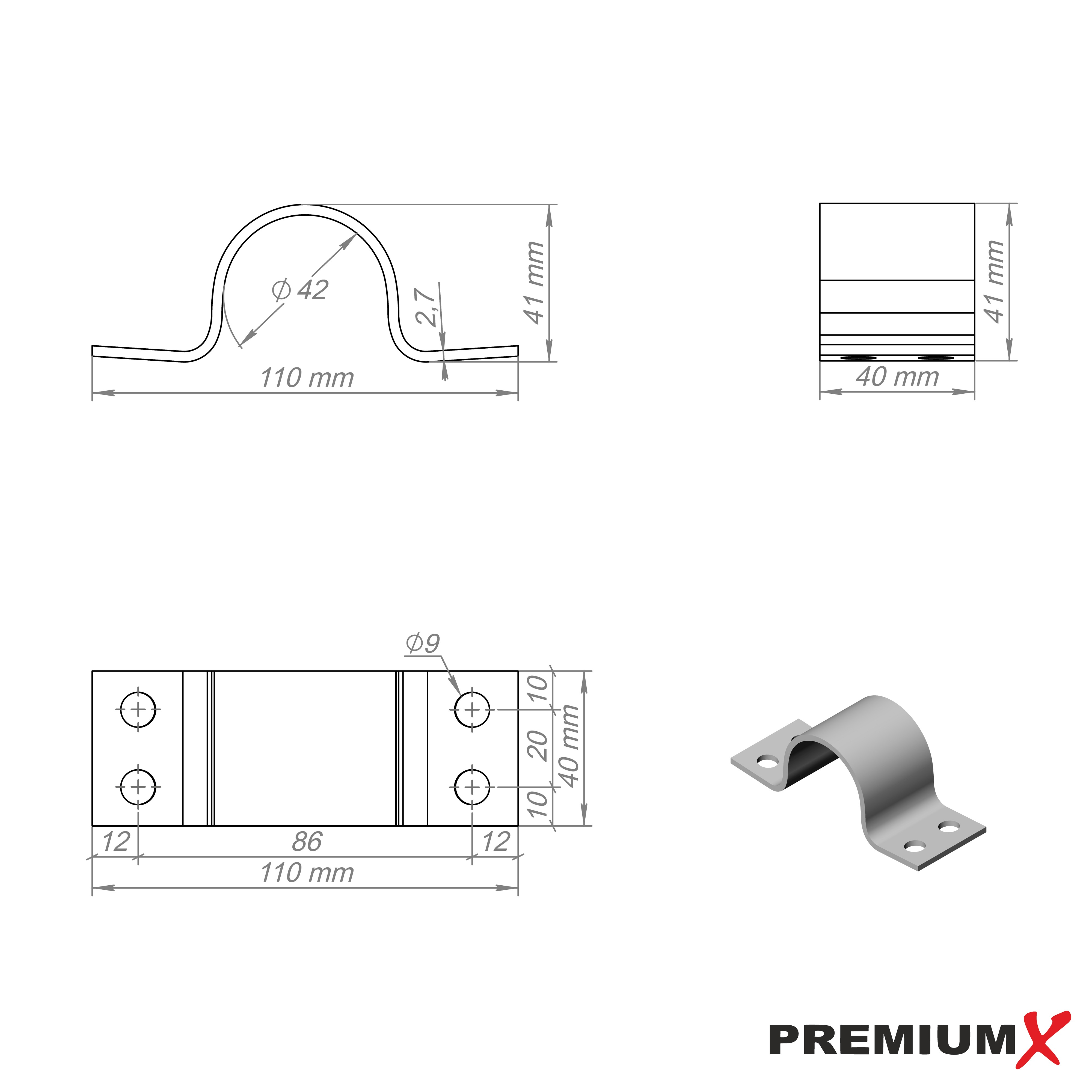 Technische Zeichnung einer Rohrschelle mit Maßen, 3 Ansichten und 3D-Modell.