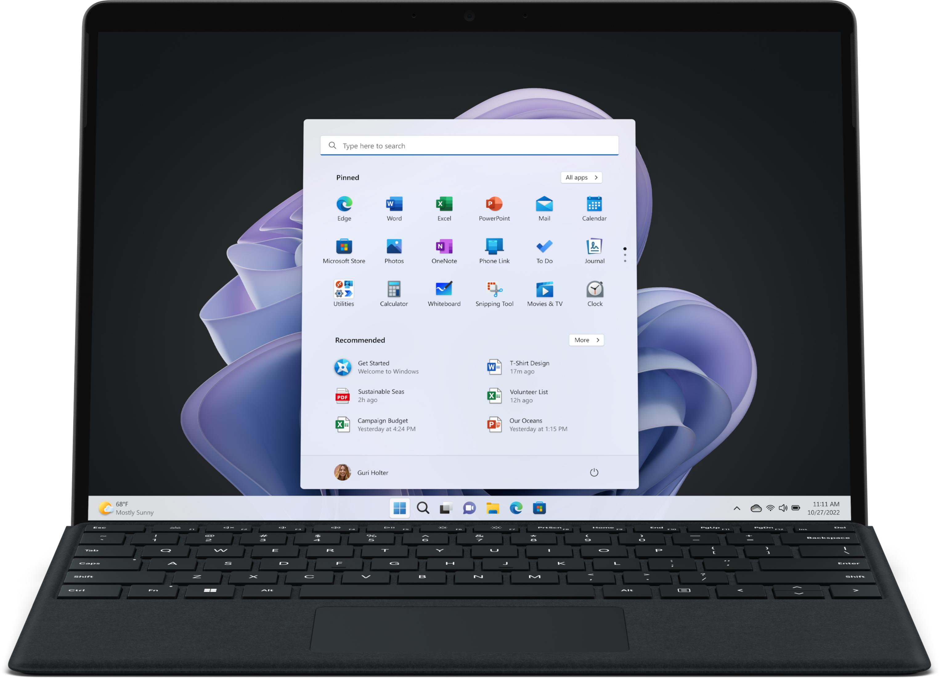 Un laptop che visualizza un menu Start con app come Edge, Word ed Excel.
