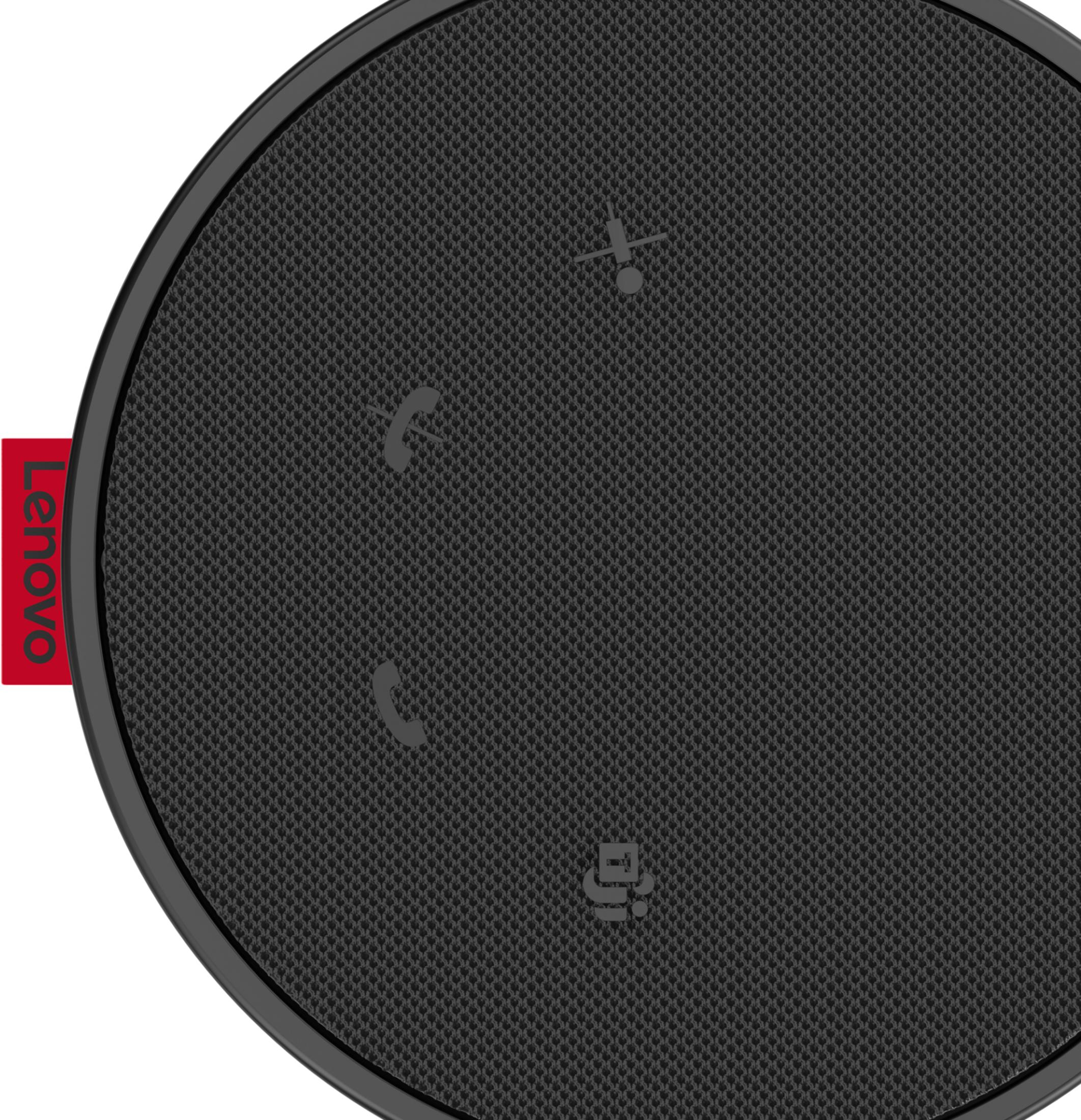 Altoparlante rotondo nero con logo Lenovo e icone.