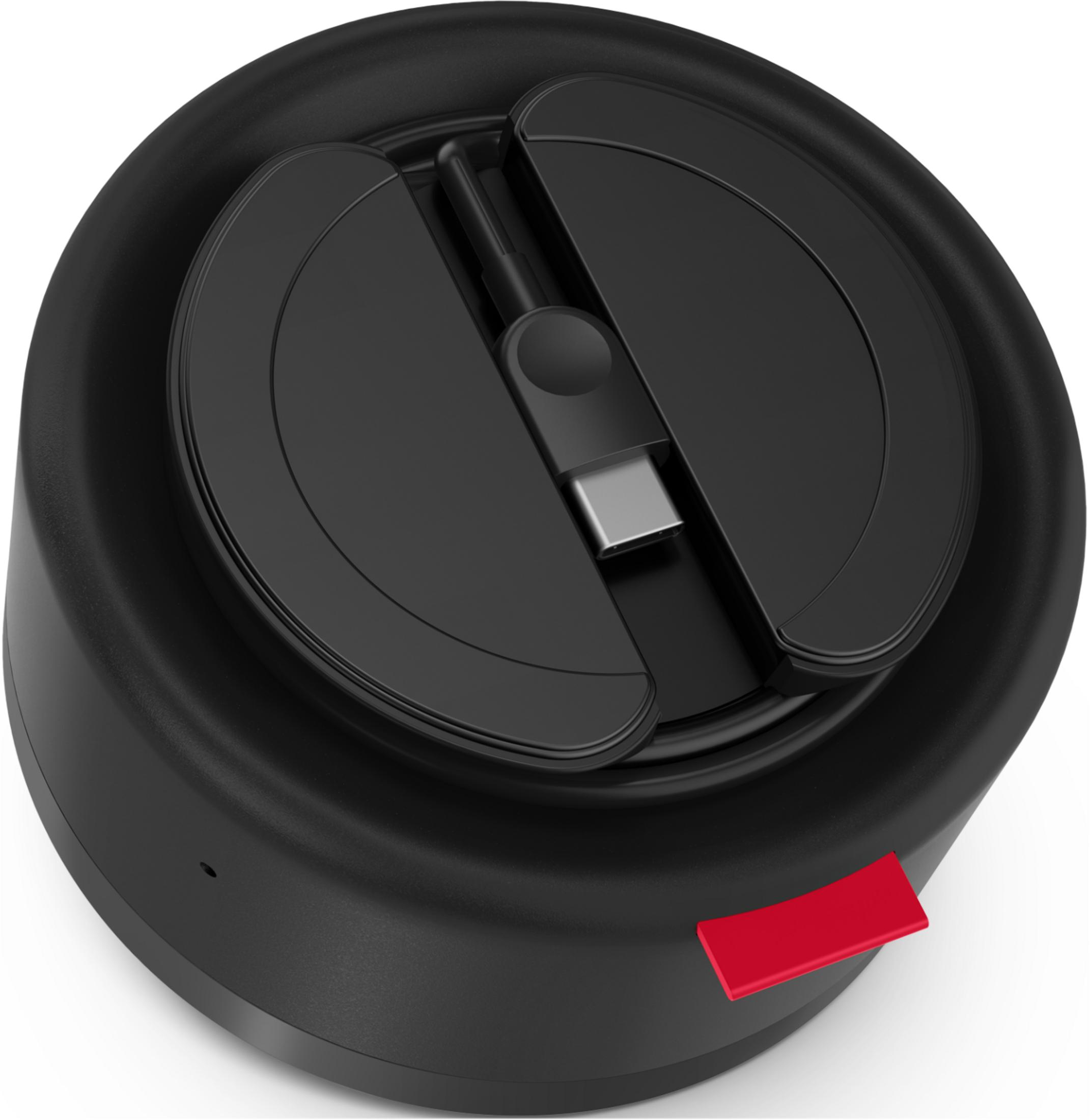 Custodia di ricarica nera con cavo USB-C e leva rossa.