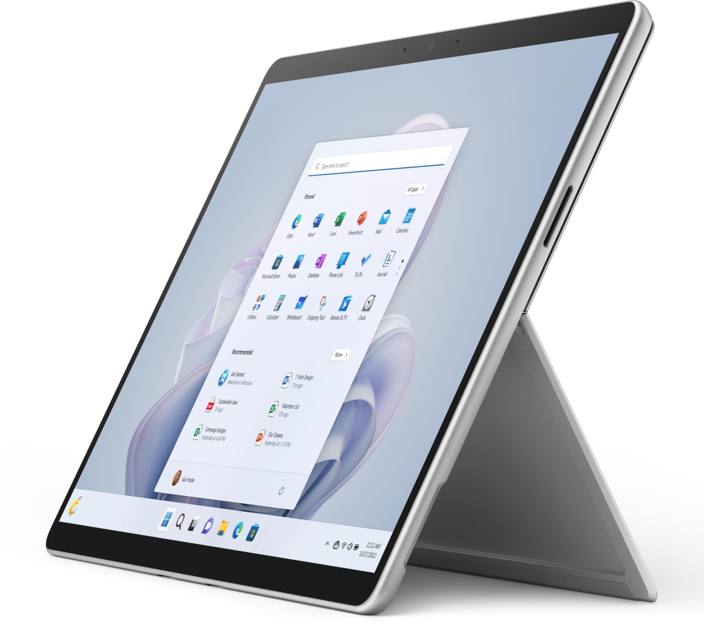 Un tablet argentato con menu Start aperto, che mostra app bloccate.