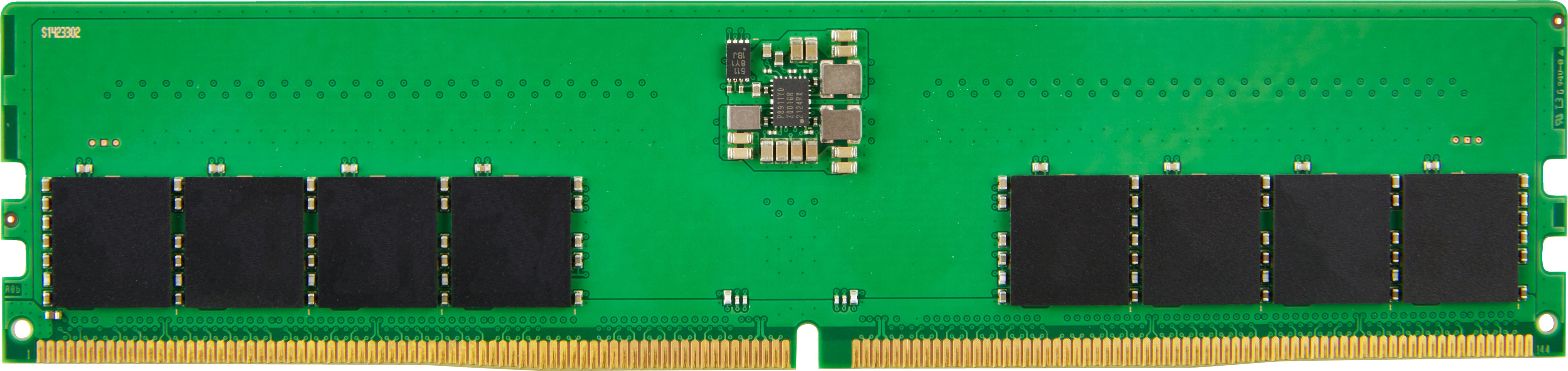 A green RAM module with black memory chips and gold contacts.