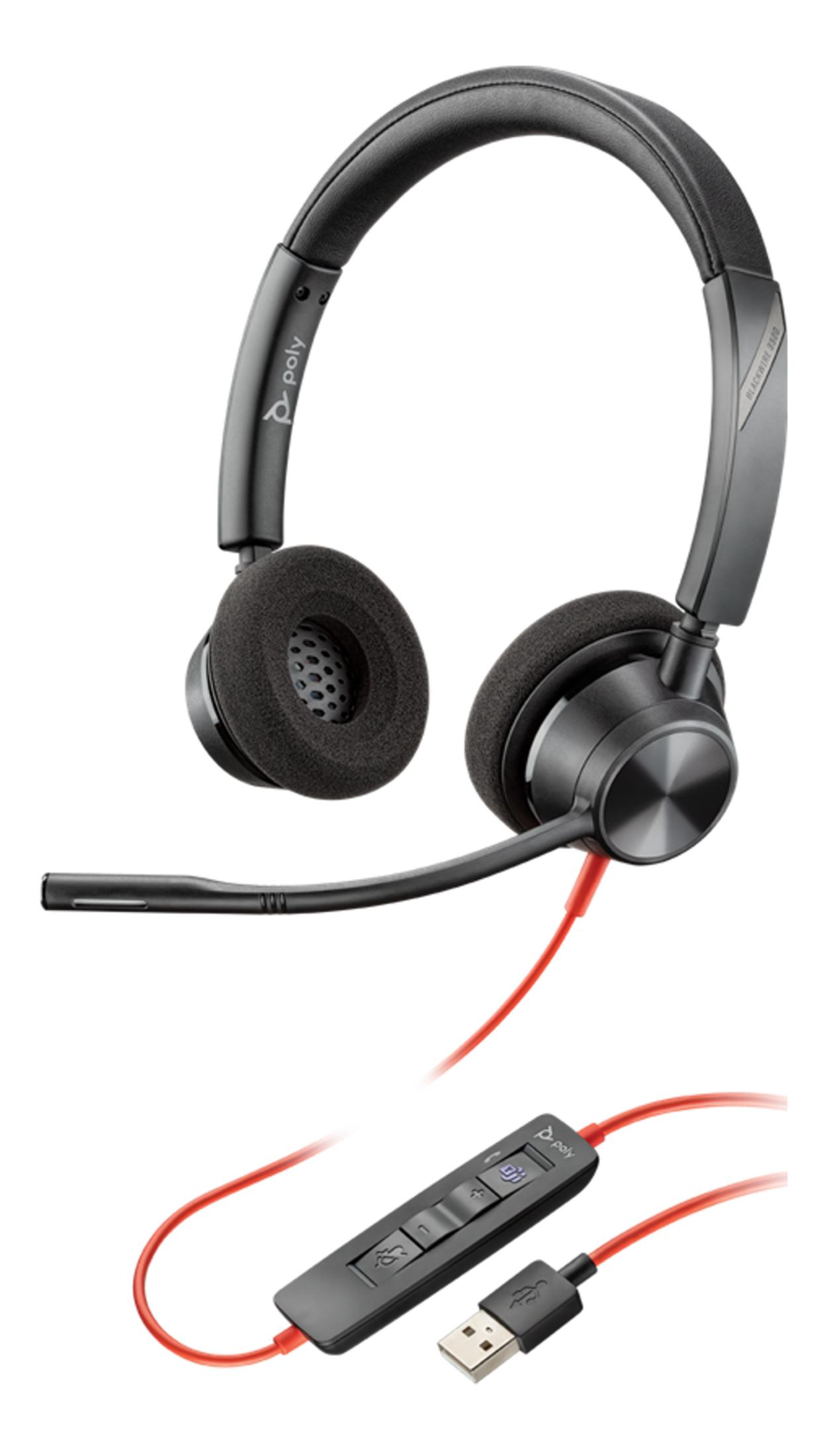Czarny zestaw słuchawkowy Poly z mikrofonem, czerwonym kablem i wbudowanym sterowaniem USB.