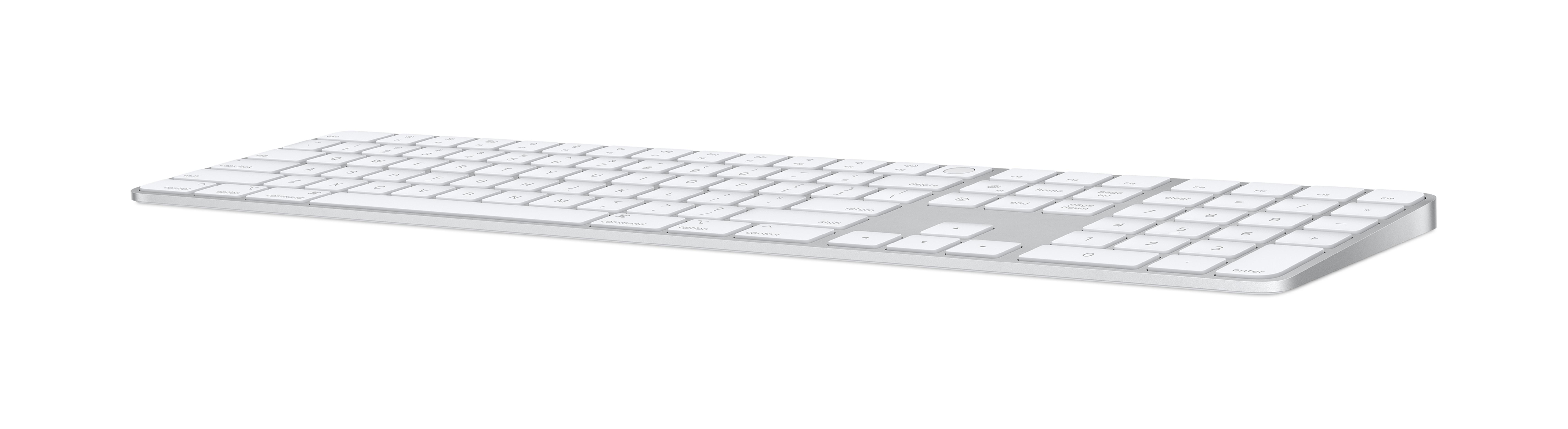 A white keyboard with a numeric keypad and silver trim on a white background.