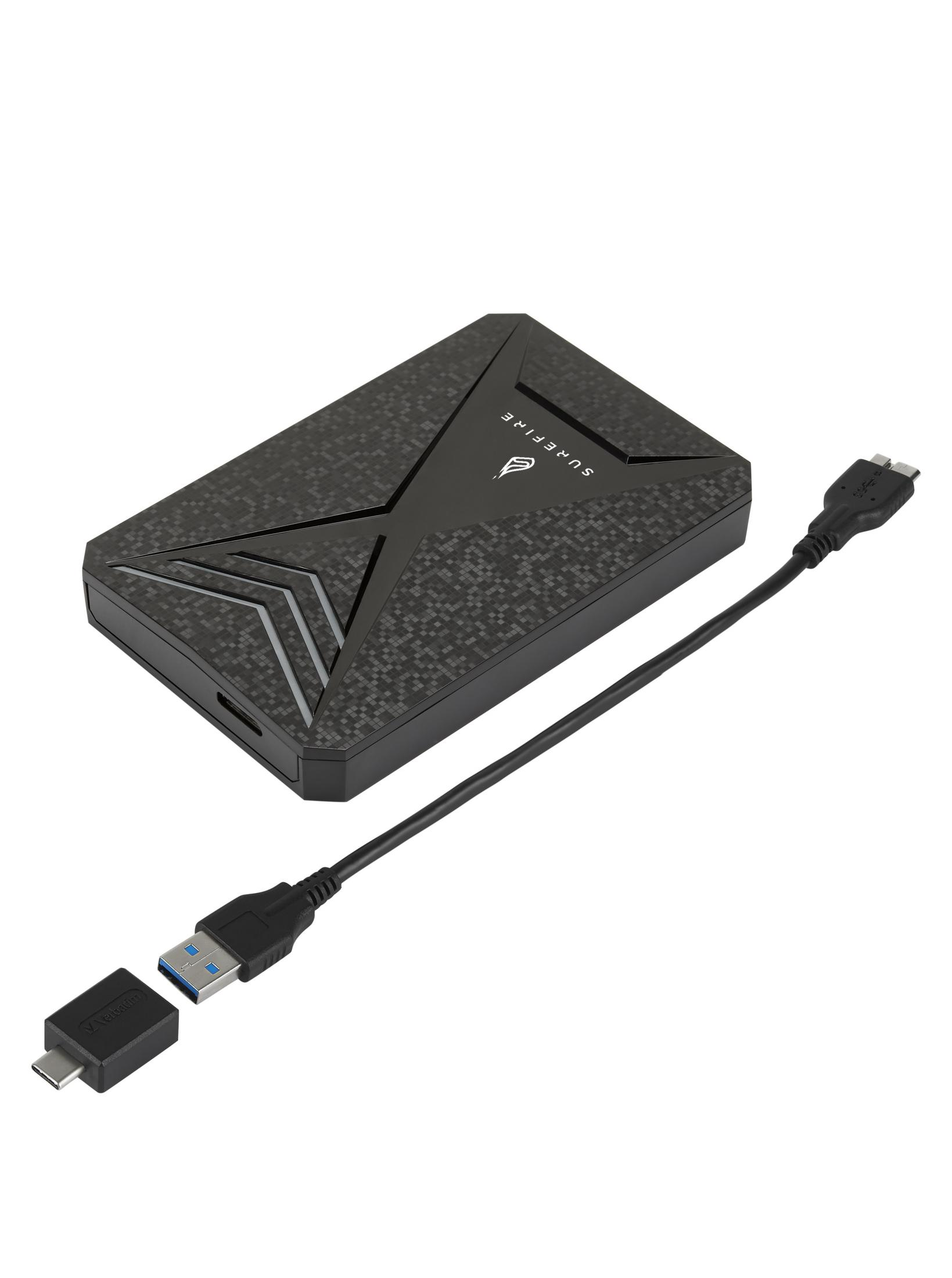 Czarny dysk zewnętrzny z wzorzystym wzorem i kablem USB z adapterami.
