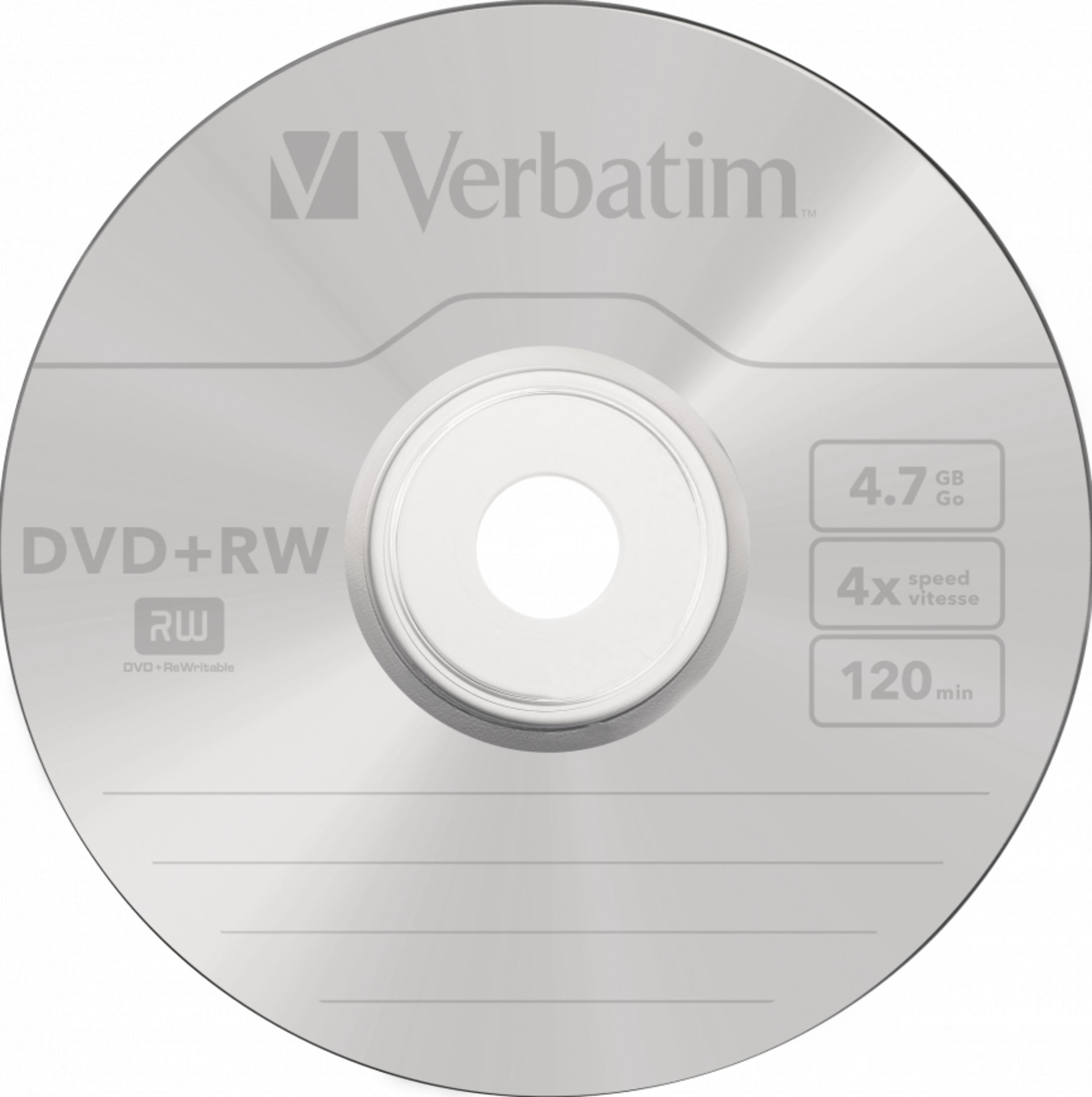 Srebrny dysk DVD+RW Verbatim o pojemności 4,7 GB i prędkości 4x.