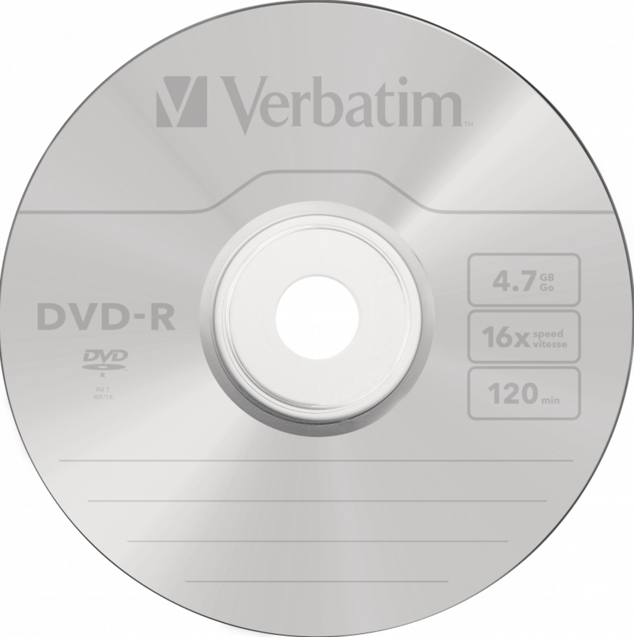 Srebrny dysk DVD-R Verbatim o pojemności 4,7 GB i prędkości 16x.