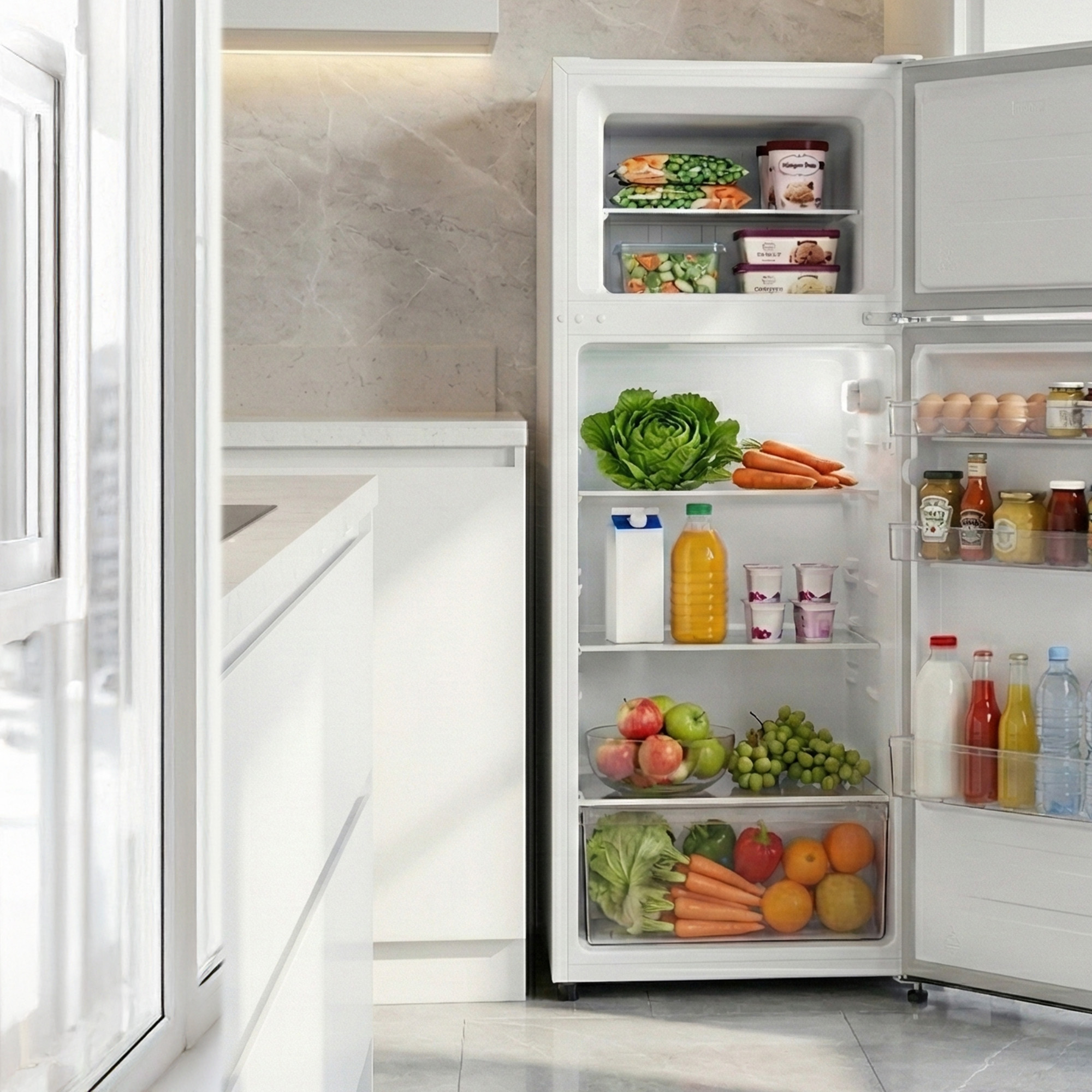 An open refrigerator filled with food items like vegetables, fruits, eggs, and drinks.