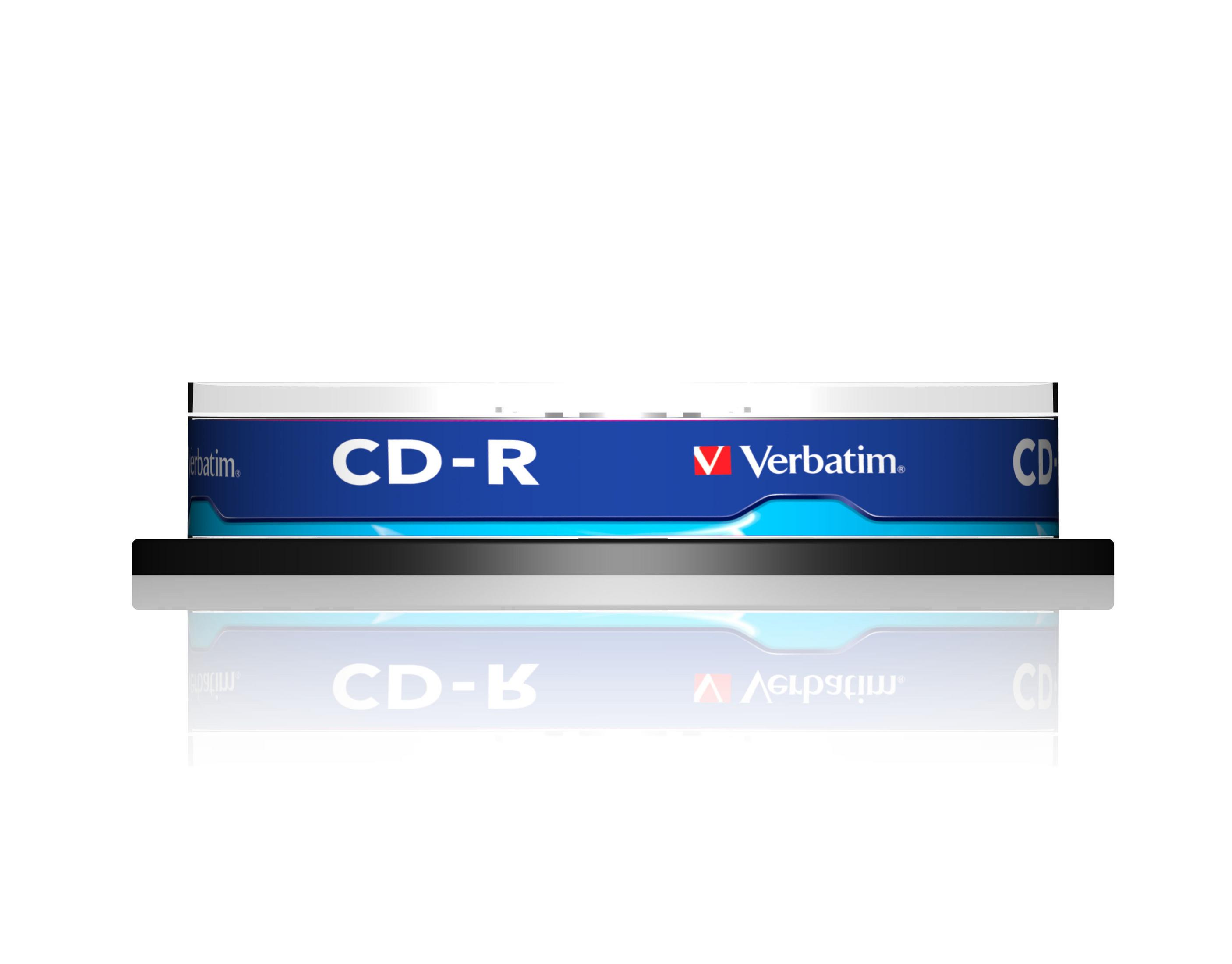 Eine blaue CD-R-Hülle von Verbatim mit weißem Deckel und Boden.