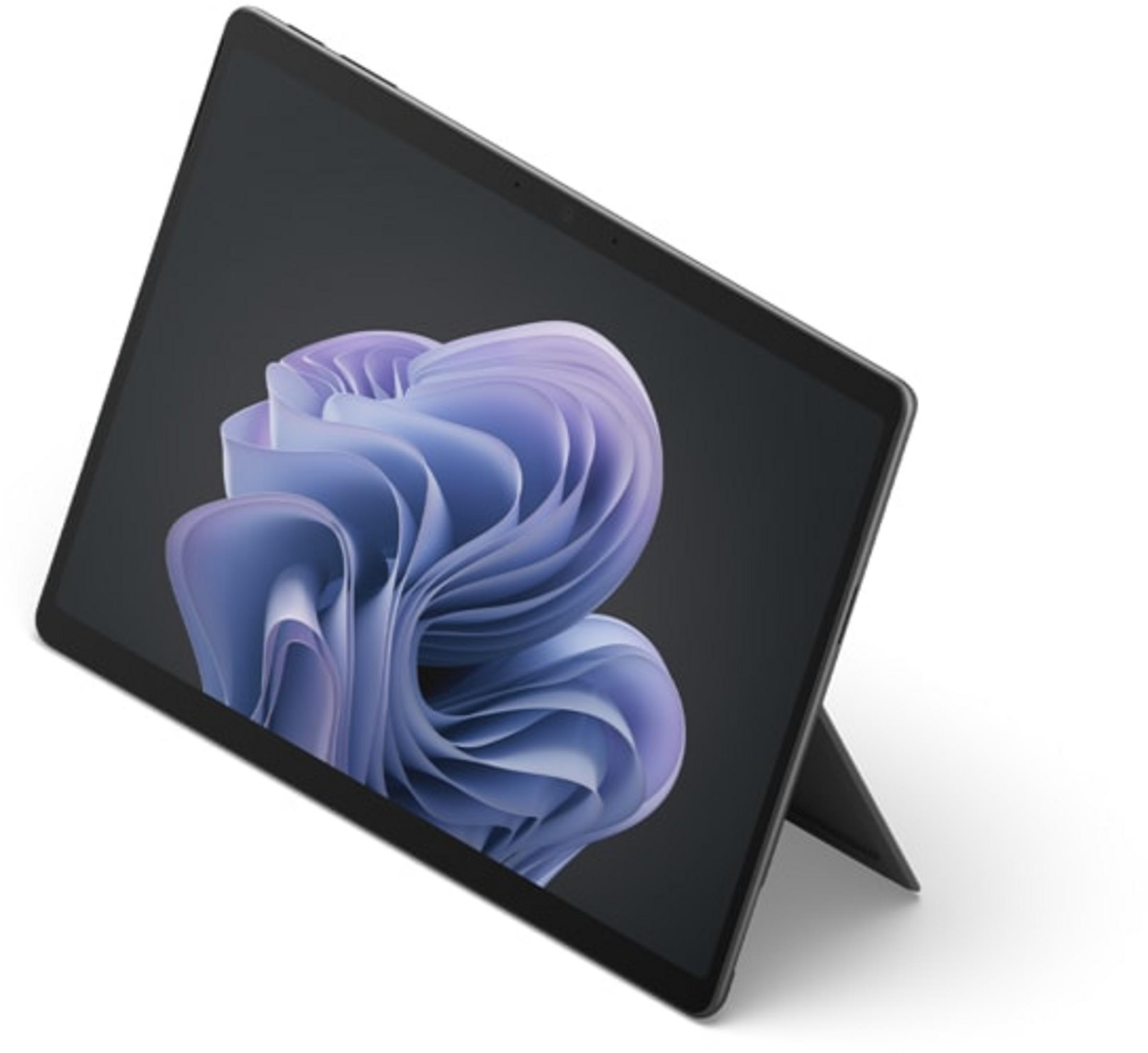 Ein dunkles Tablet mit einem blauen, abstrakten Hintergrundbild und einem Ständer.