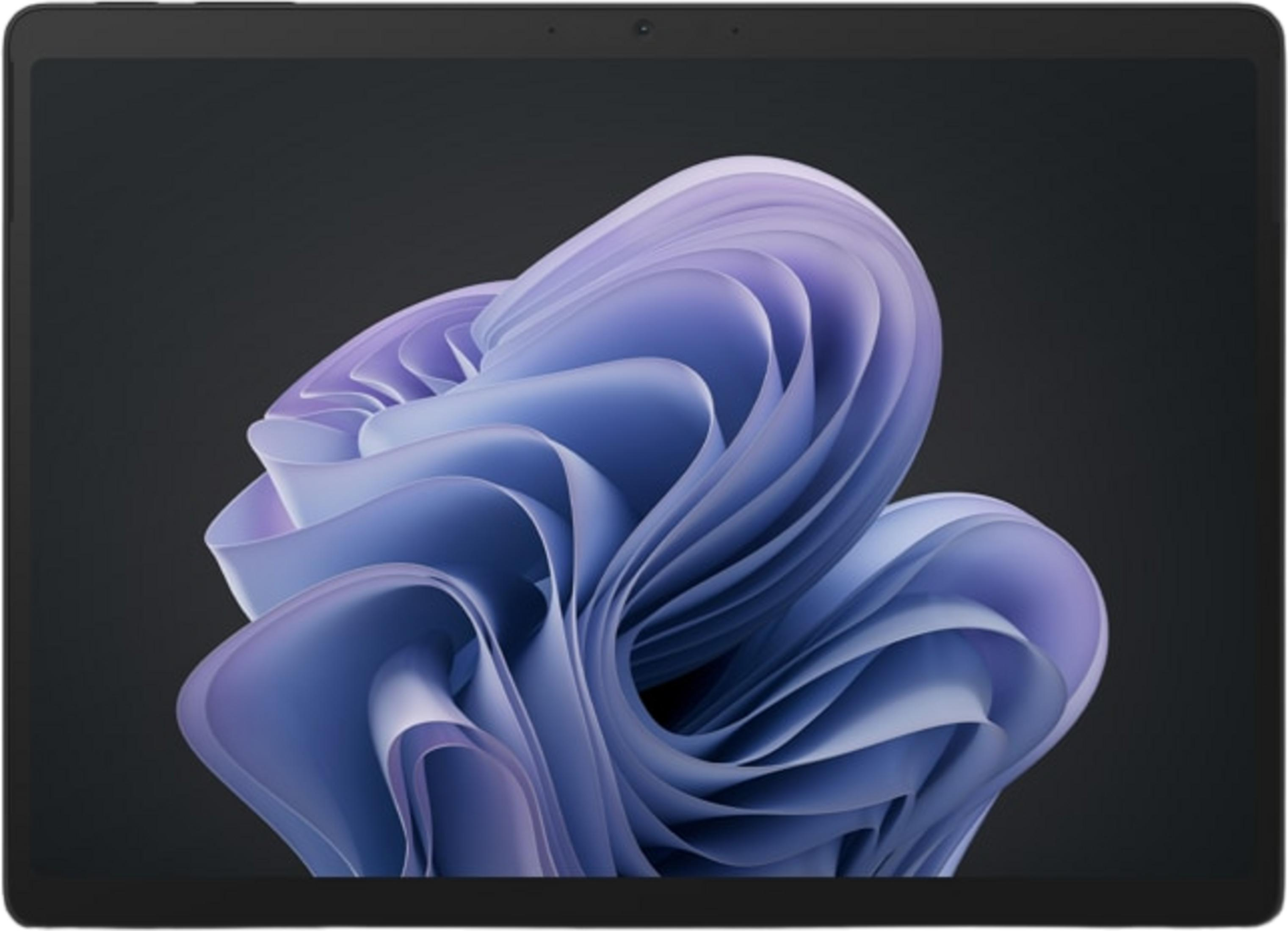 Tablet wyświetla abstrakcyjny fioletowy wir na ciemnym tle.