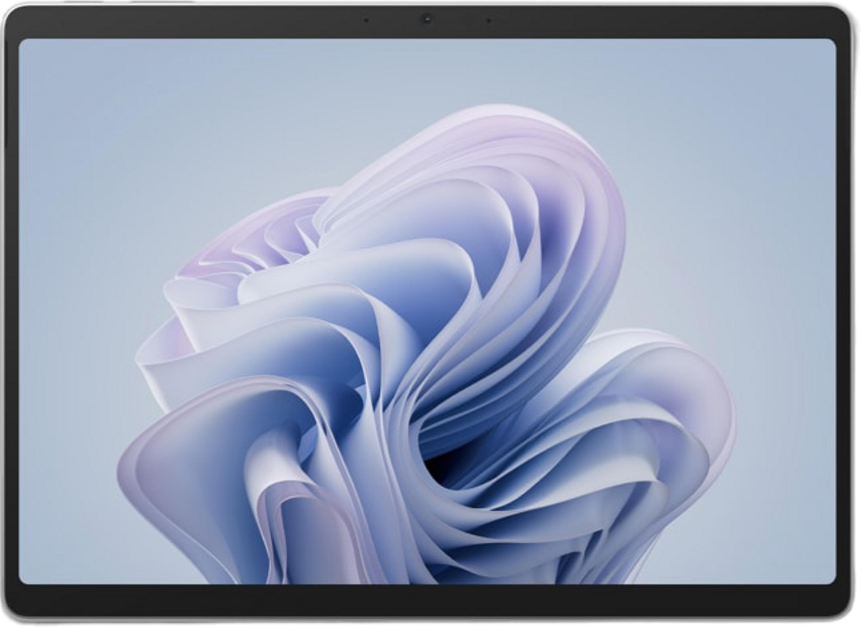 Tablet z abstrakcyjnym, falistym tłem w odcieniach fioletu i błękitu.