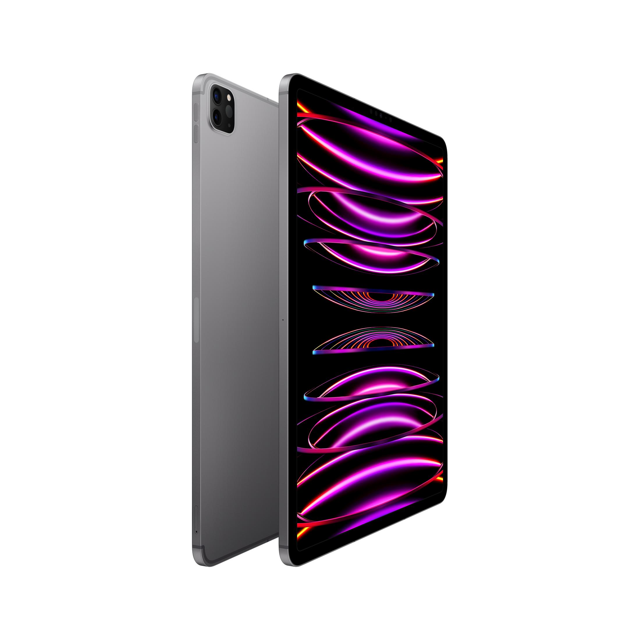 Tablet grigio con due fotocamere, lo schermo mostra onde viola e rosa.