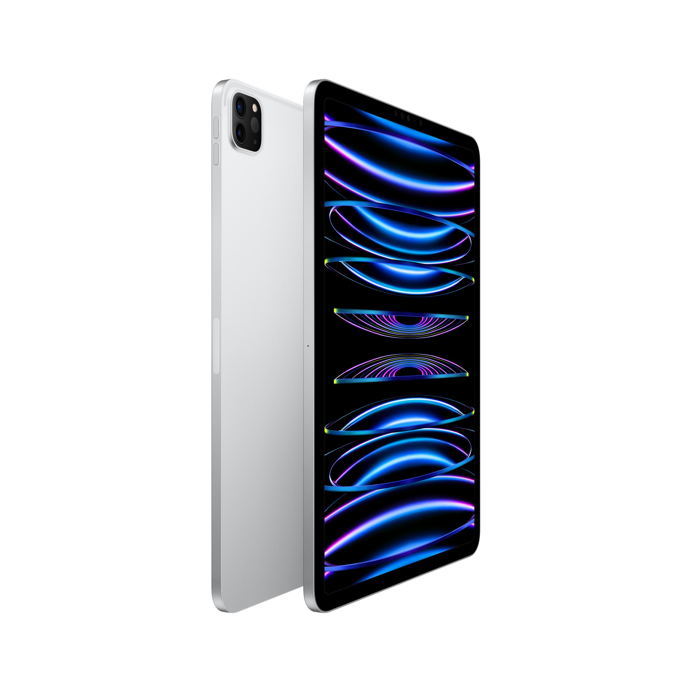 Ein silbernes iPad Pro mit Kameras und einem Bildschirm mit Neonlicht-Grafiken.