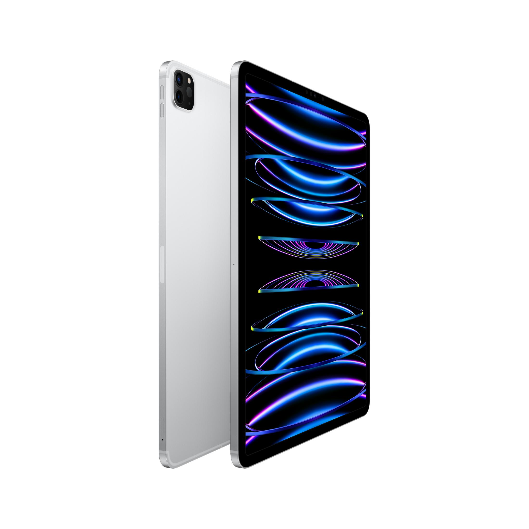 Un tablet argentato con uno sfondo astratto blu e viola.