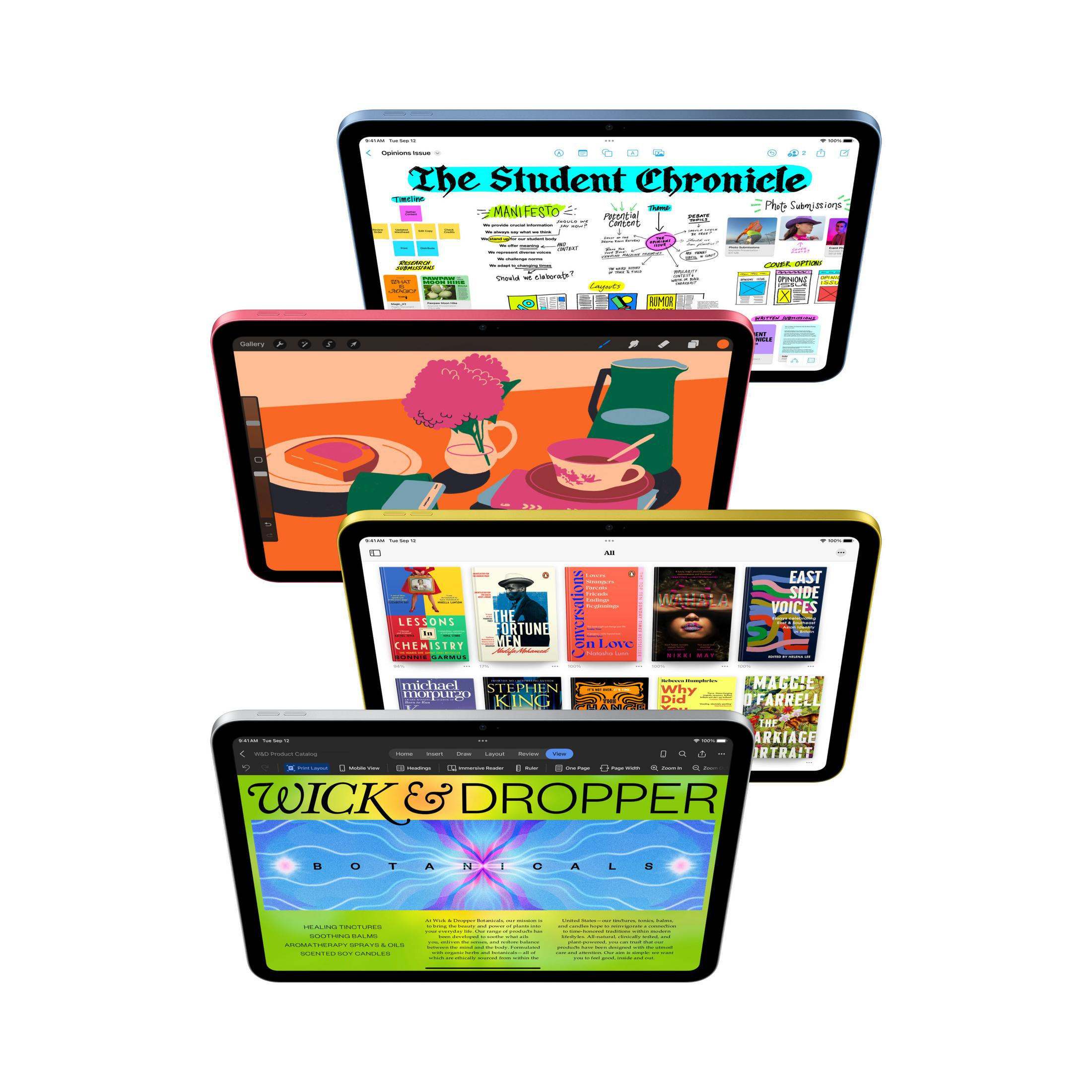 Cztery iPady wyświetlają różne treści: notatki, sztukę, książki i stronę internetową.