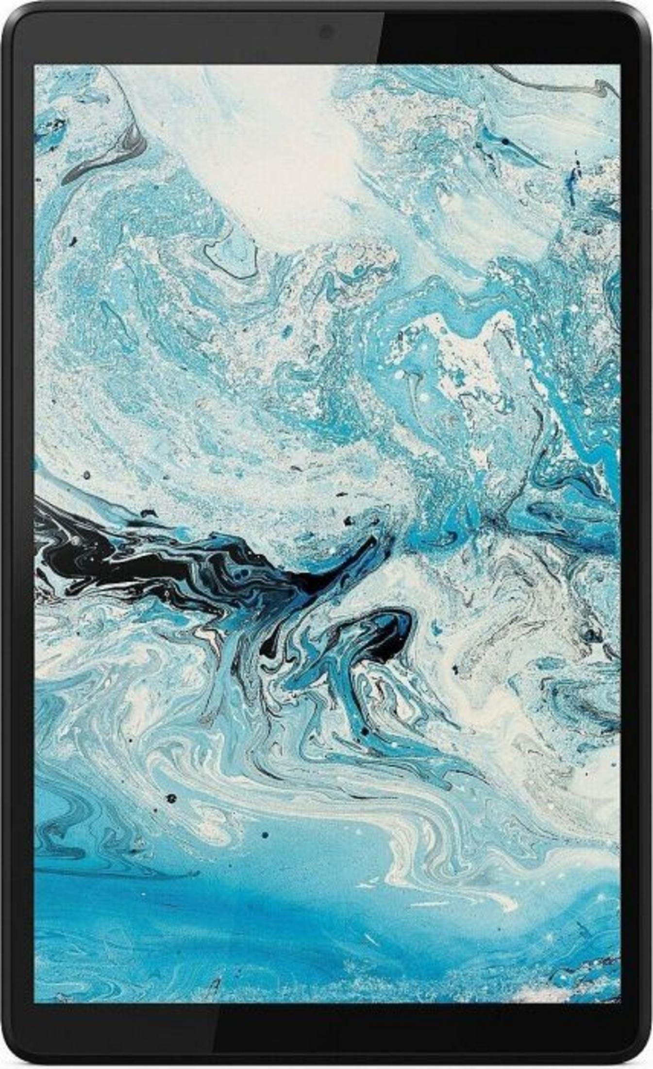 Tablet z abstrakcyjnym, wirującym wzorem w kolorach niebieskim i białym na ekranie.