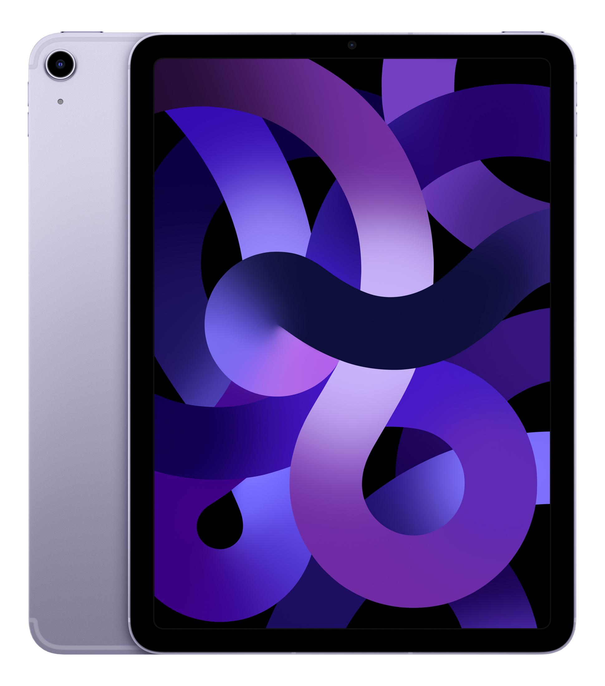 Een paarse iPad Air tablet met een kleurrijke abstracte achtergrond.