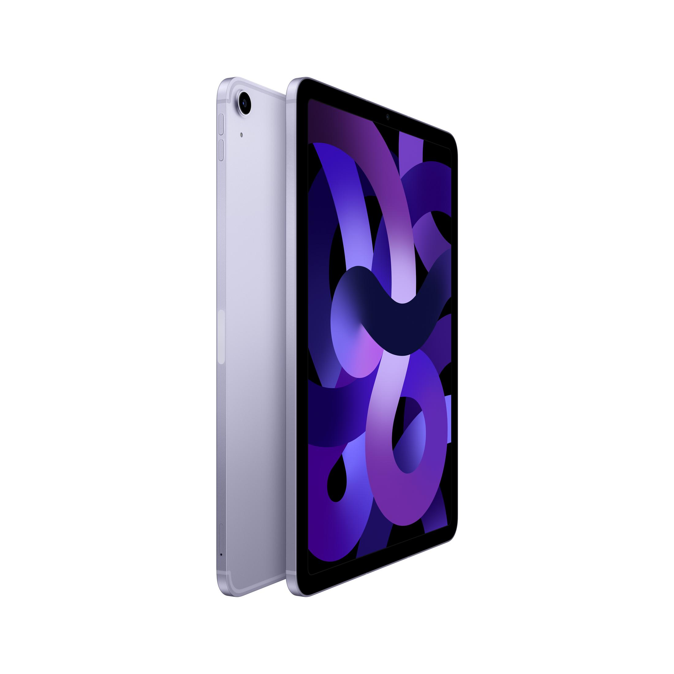 Een paars iPad Air-apparaat met een abstracte paarse achtergrond, rechtopstaand.