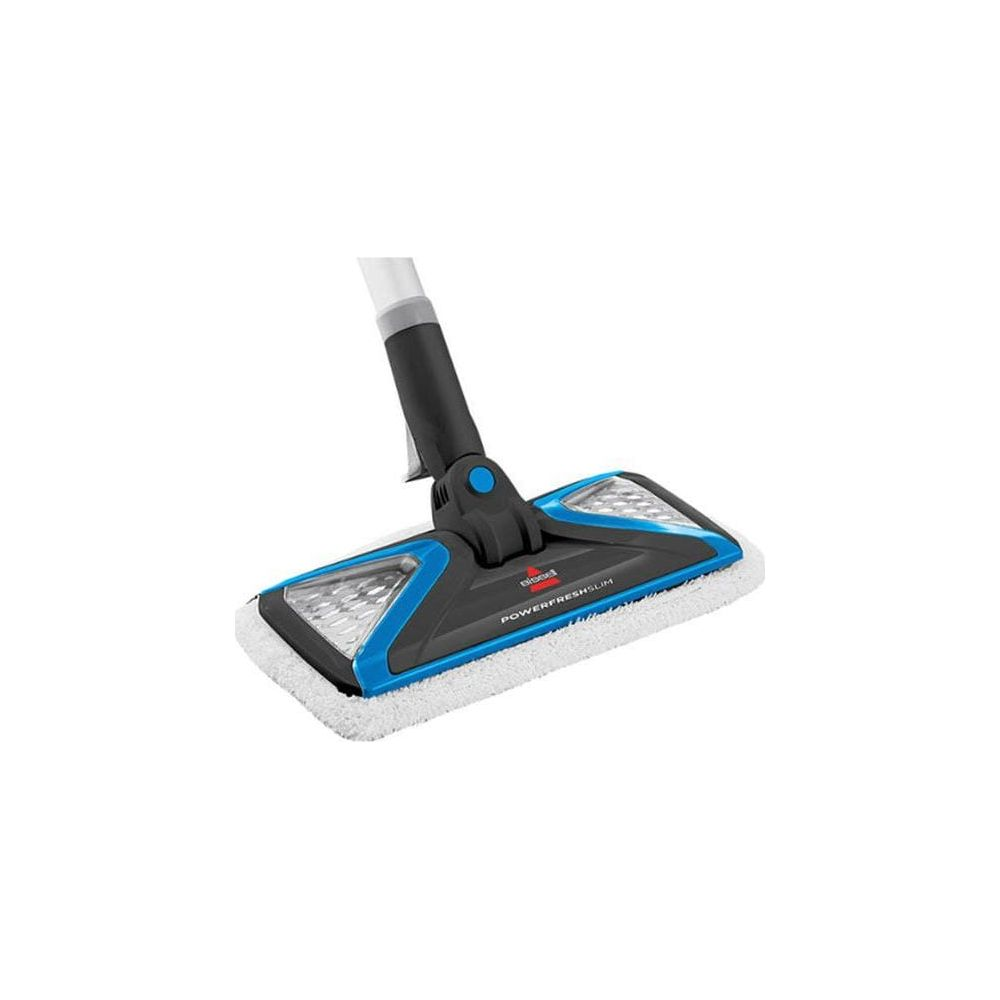 Niebiesko-czarny mop parowy z białym padem czyszczącym.